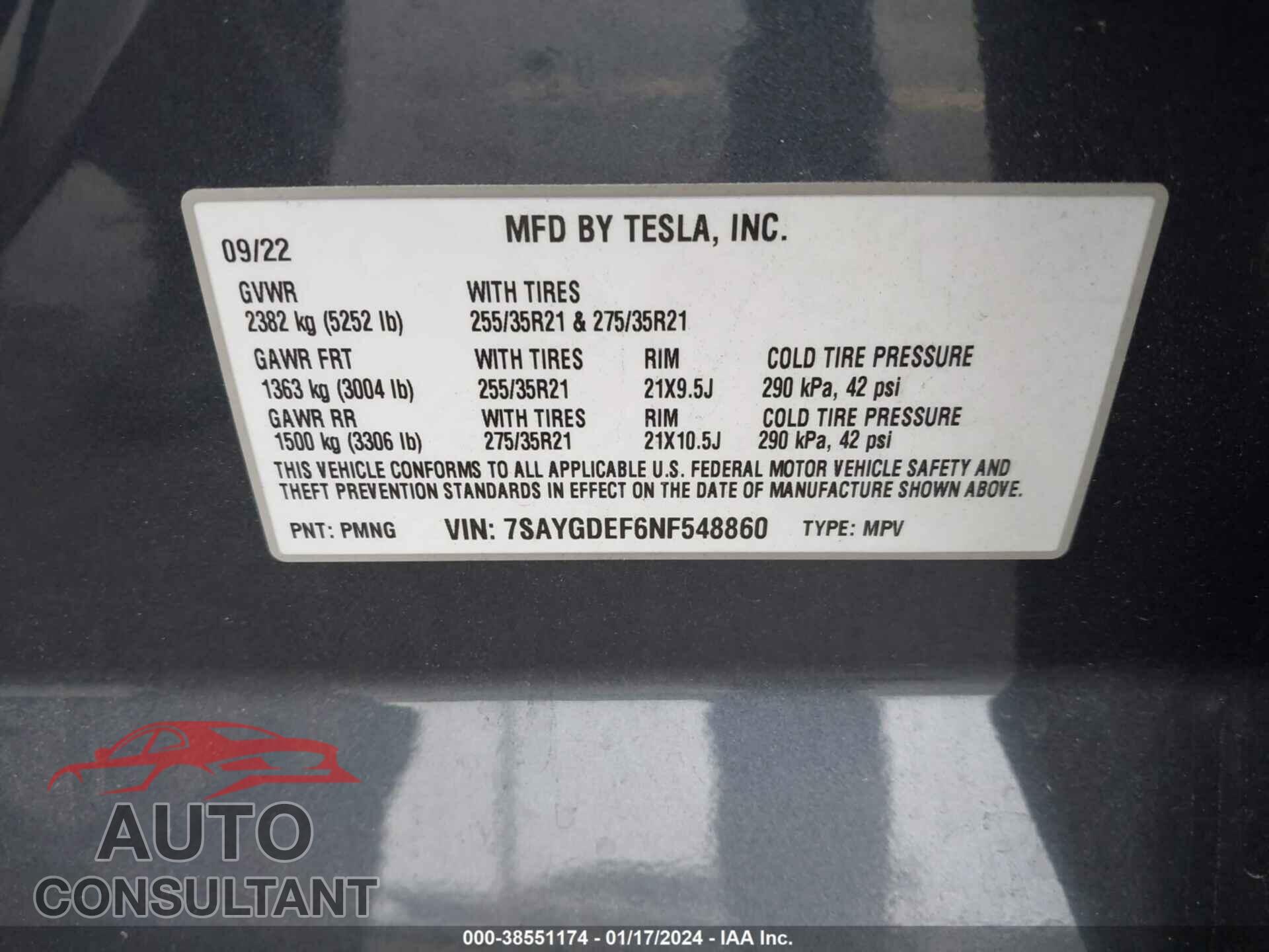 TESLA MODEL Y 2022 - 7SAYGDEF6NF548860