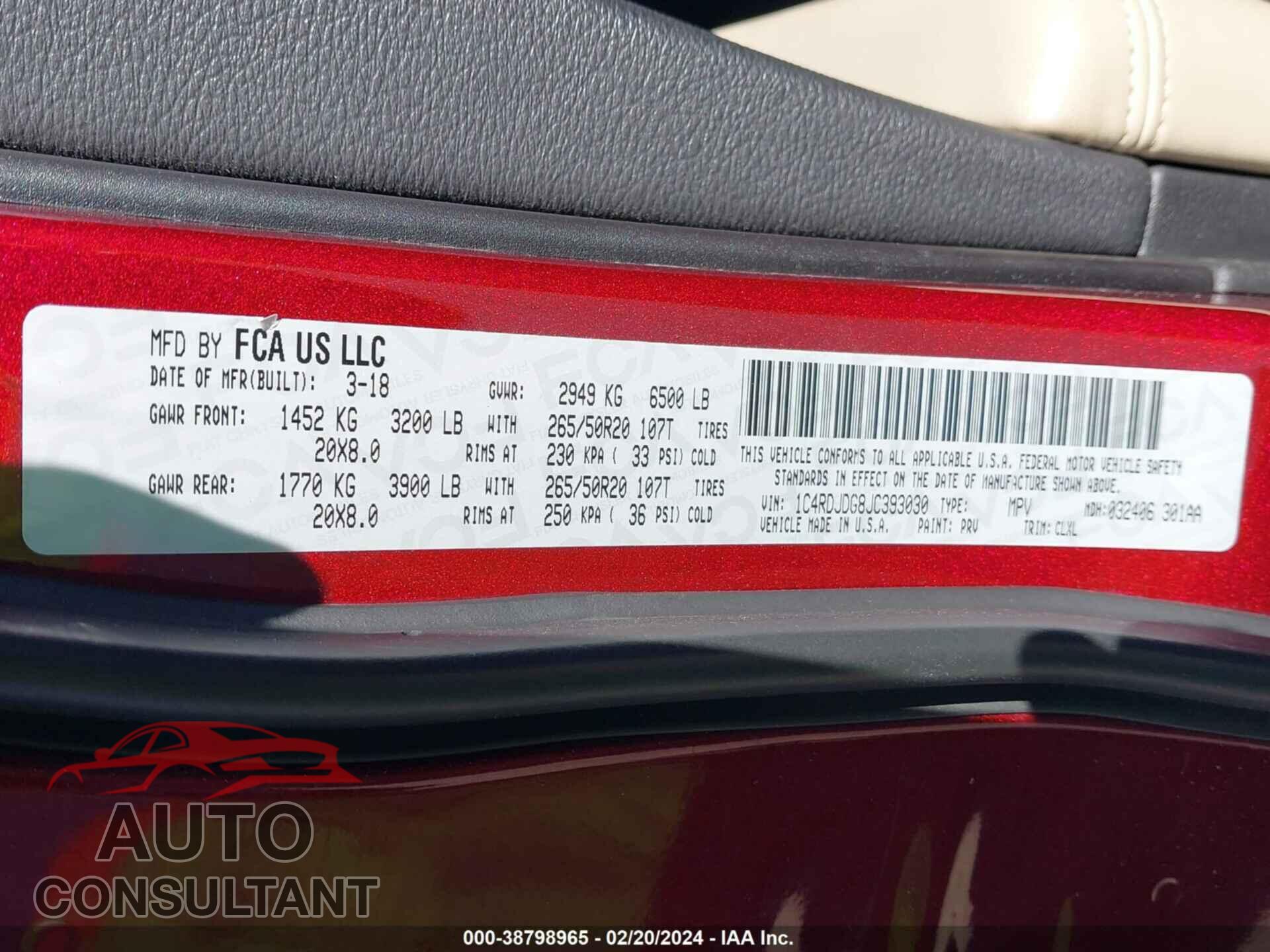 DODGE DURANGO 2018 - 1C4RDJDG8JC393030