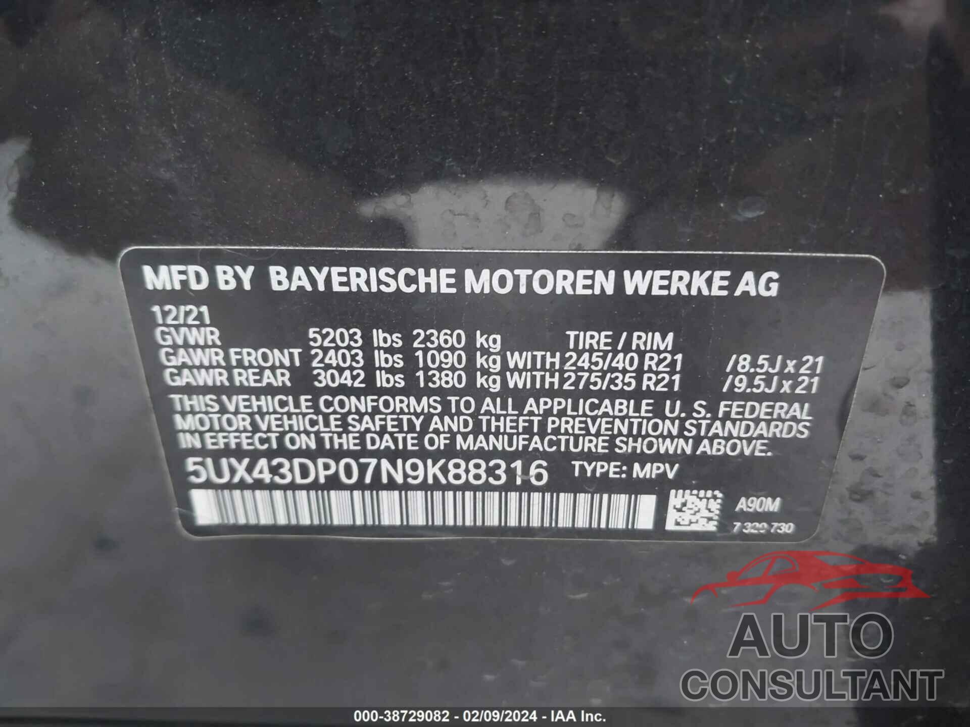 BMW X3 2022 - 5UX43DP07N9K88316