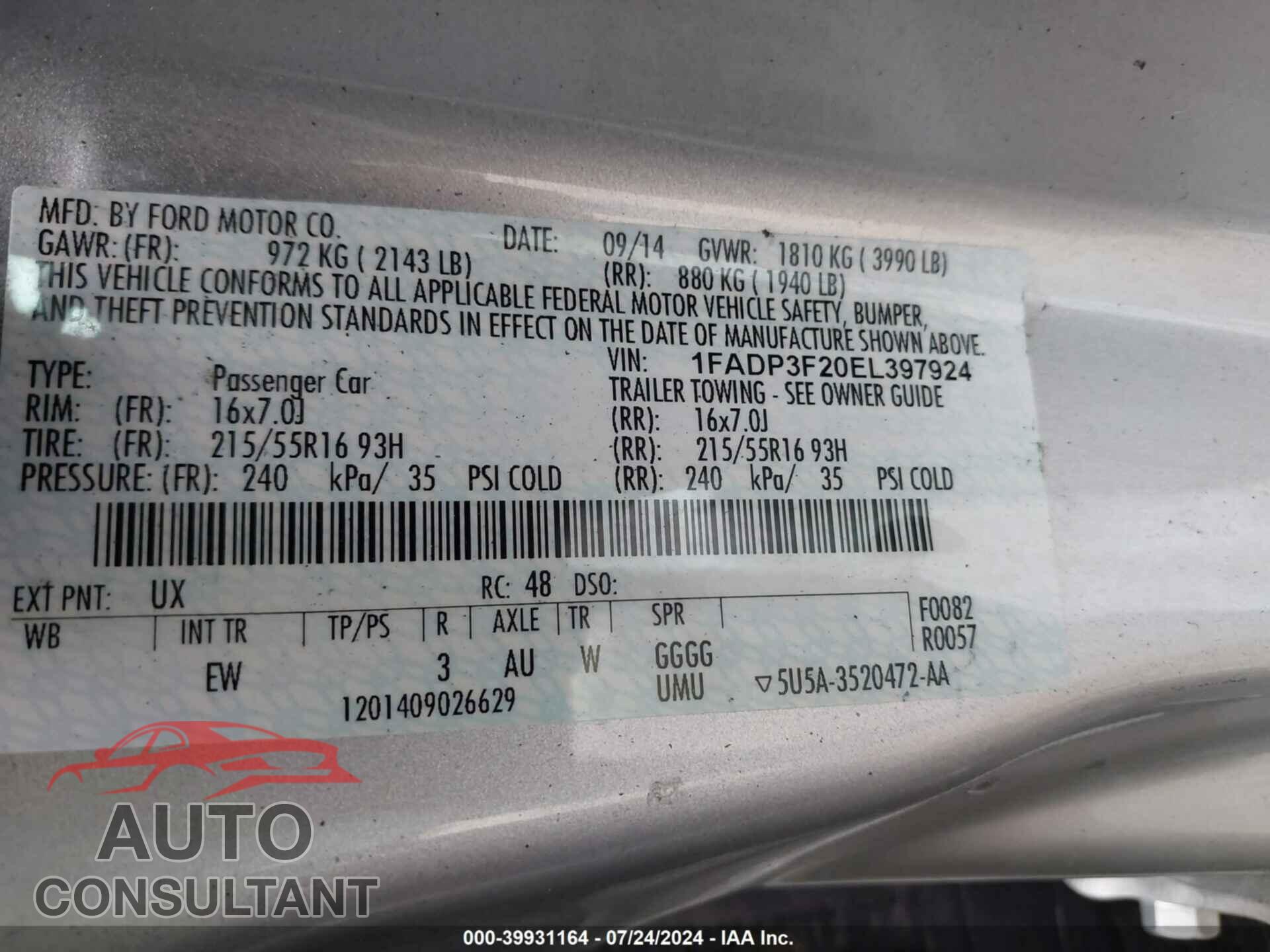 FORD FOCUS 2014 - 1FADP3F20EL397924