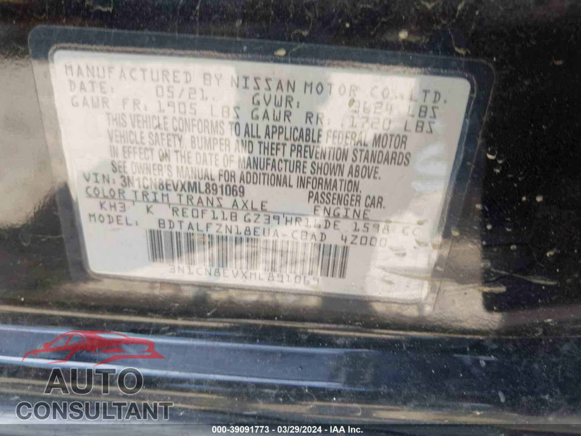 NISSAN VERSA 2021 - 3N1CN8EVXML891069