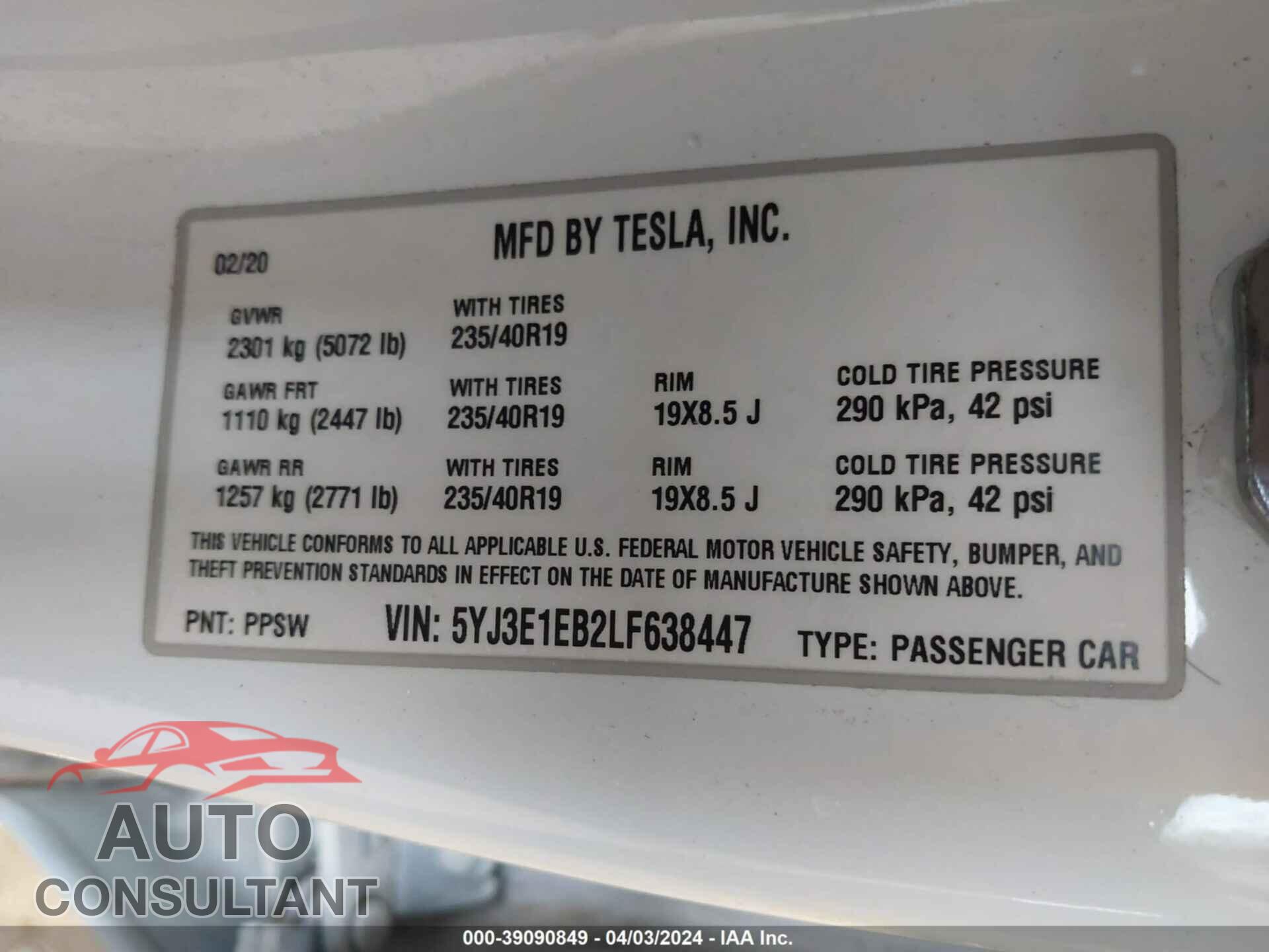 TESLA MODEL 3 2020 - 5YJ3E1EB2LF638447