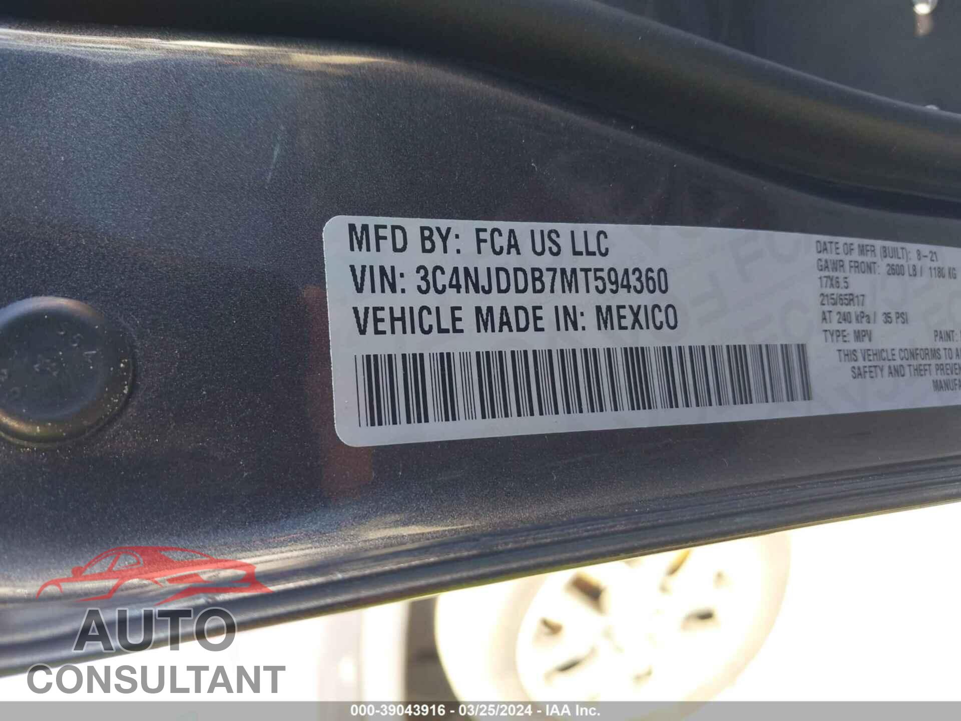 JEEP COMPASS 2021 - 3C4NJDDB7MT594360