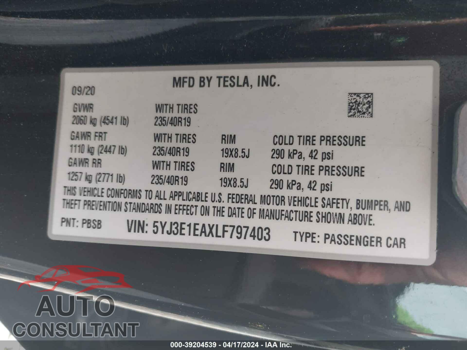 TESLA MODEL 3 2020 - 5YJ3E1EAXLF797403