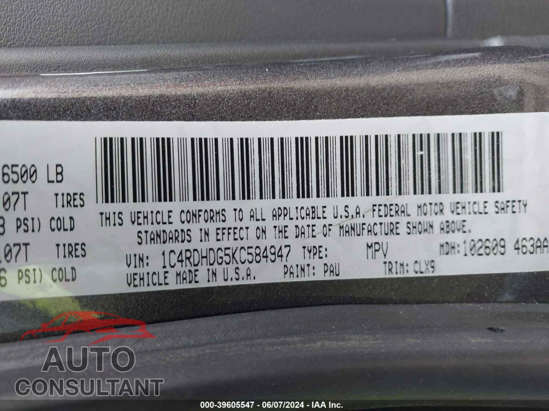DODGE DURANGO 2019 - 1C4RDHDG5KC584947