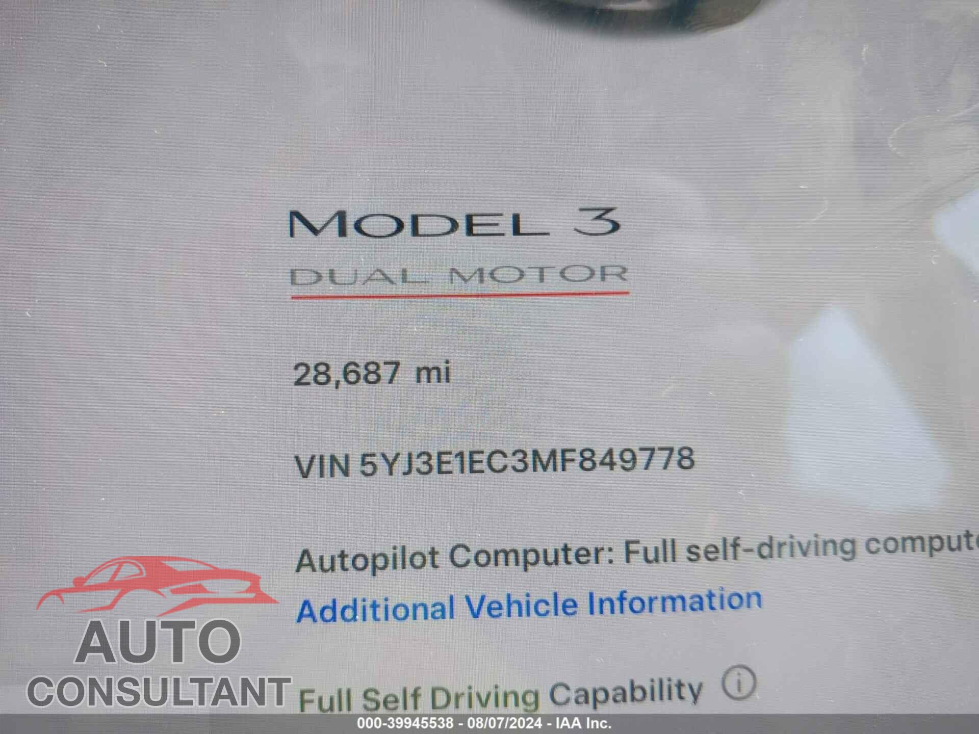 TESLA MODEL 3 2021 - 5YJ3E1EC3MF849778