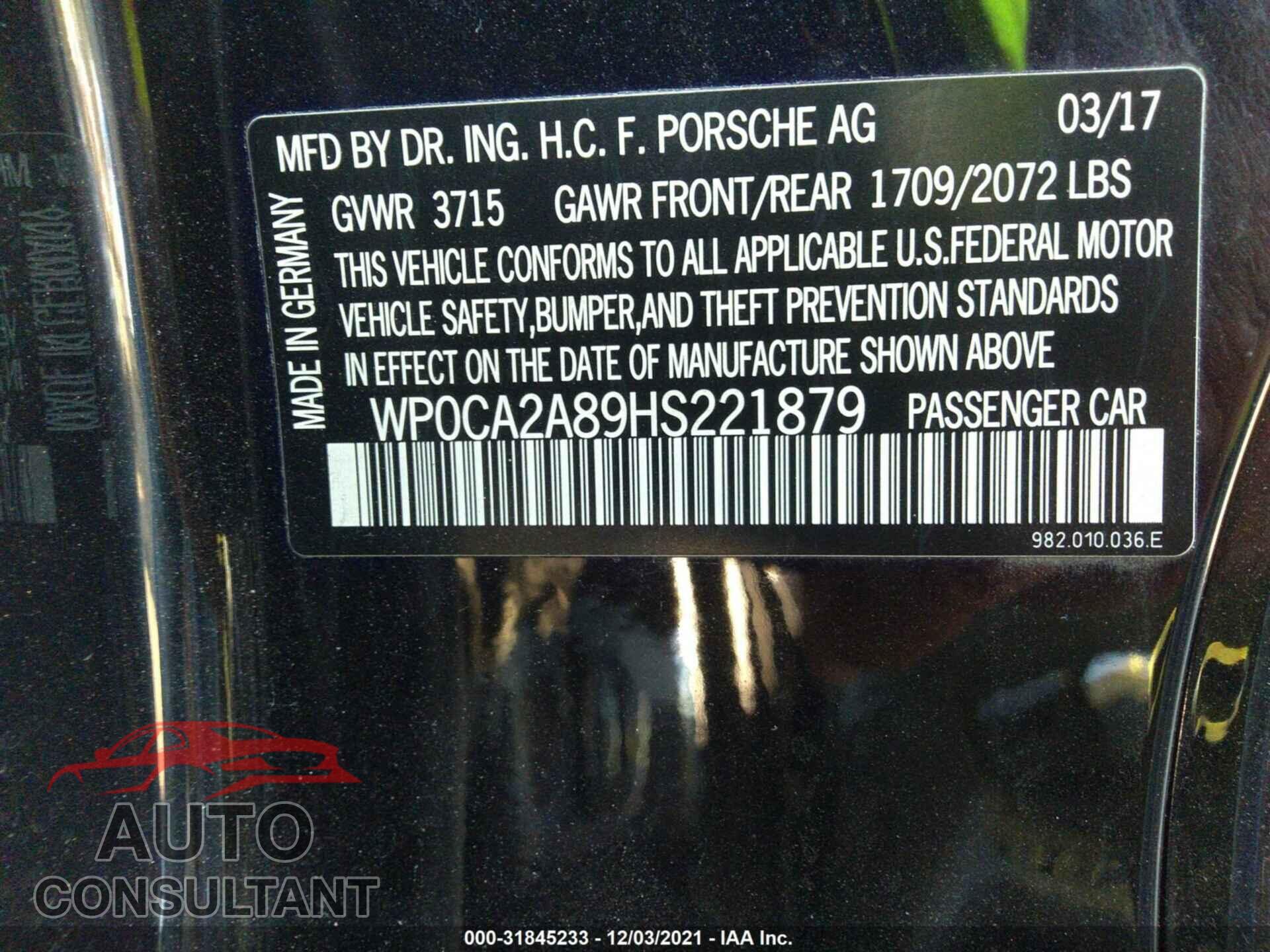 PORSCHE 718 BOXSTER 2017 - WP0CA2A89HS221879