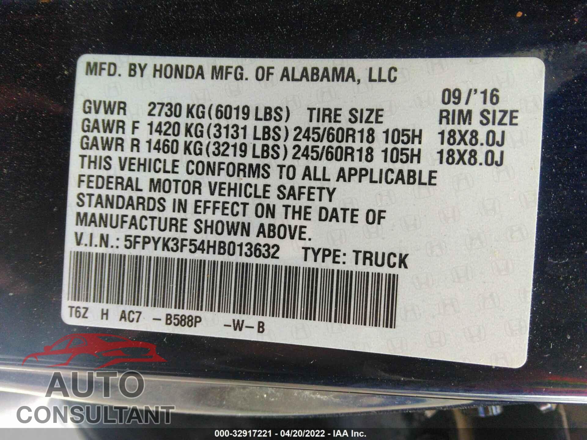 HONDA RIDGELINE 2017 - 5FPYK3F54HB013632