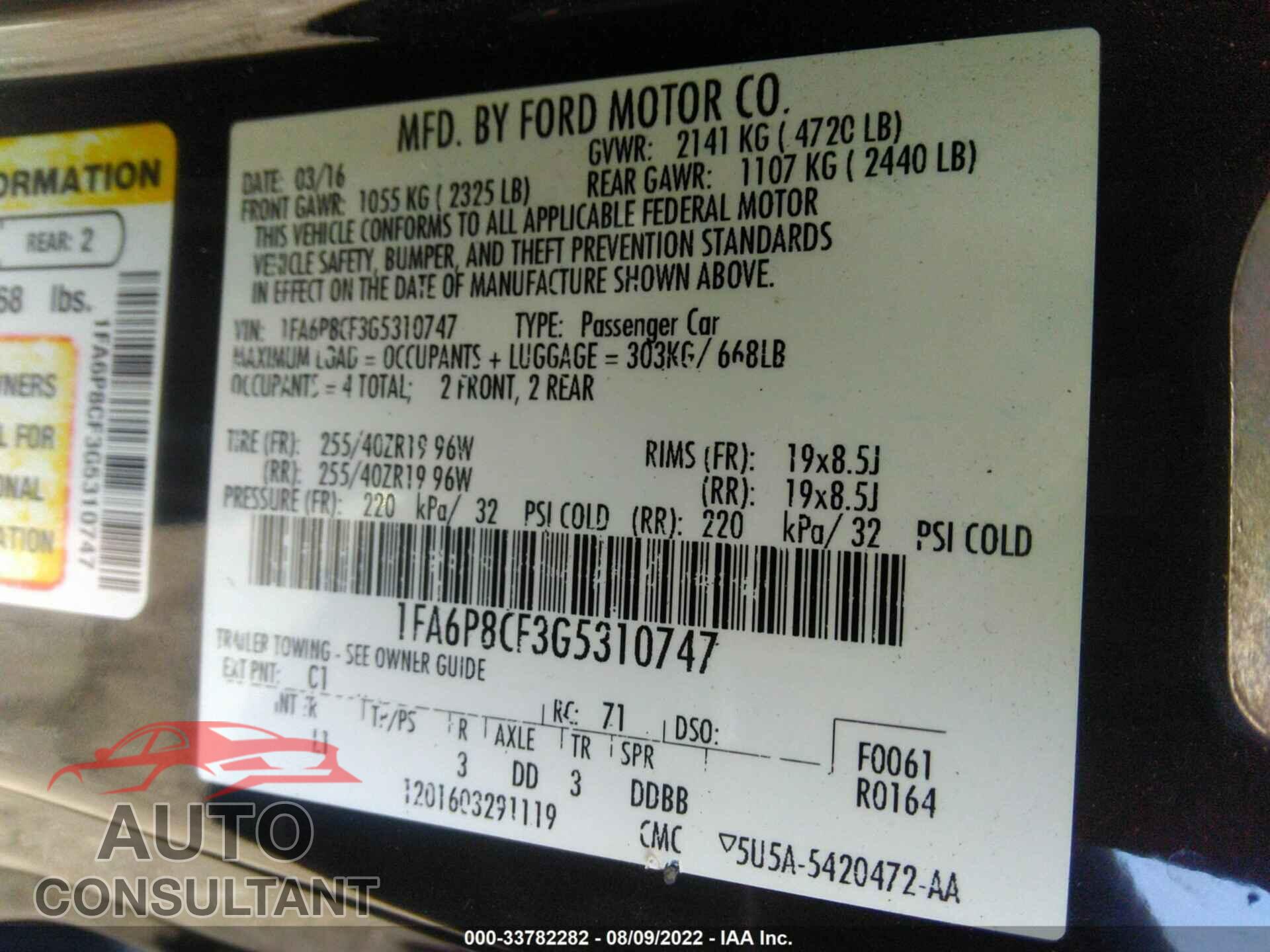 FORD MUSTANG 2016 - 1FA6P8CF3G5310747