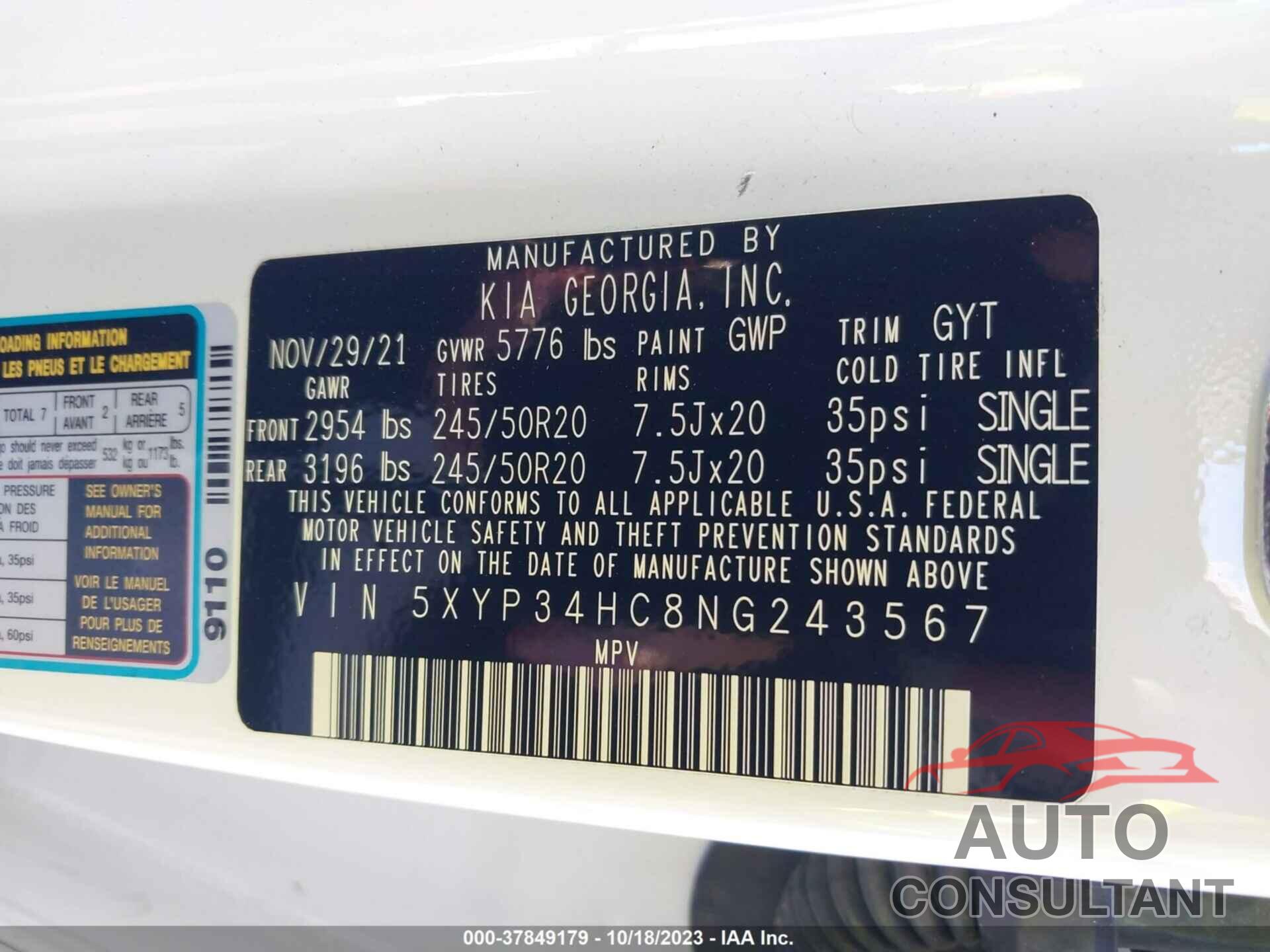 KIA TELLURIDE 2022 - 5XYP34HC8NG243567