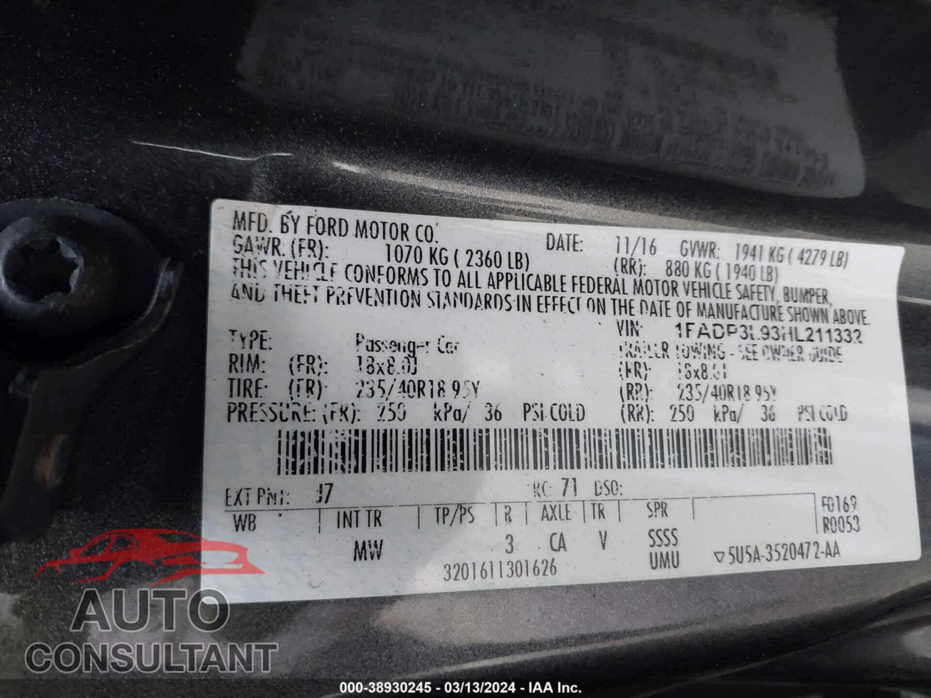 FORD FOCUS ST 2017 - 1FADP3L93HL211332