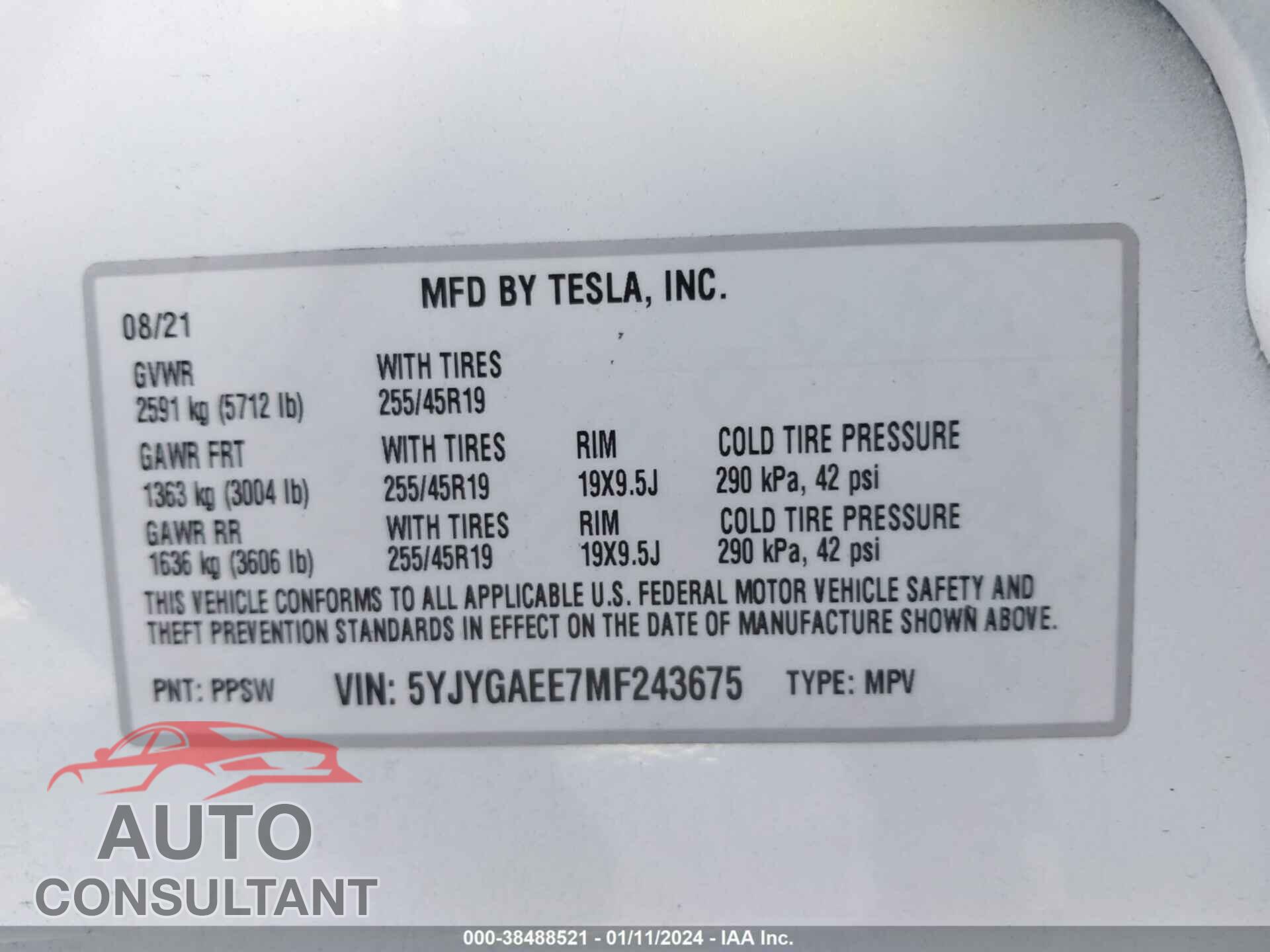 TESLA MODEL Y 2021 - 5YJYGAEE7MF243675