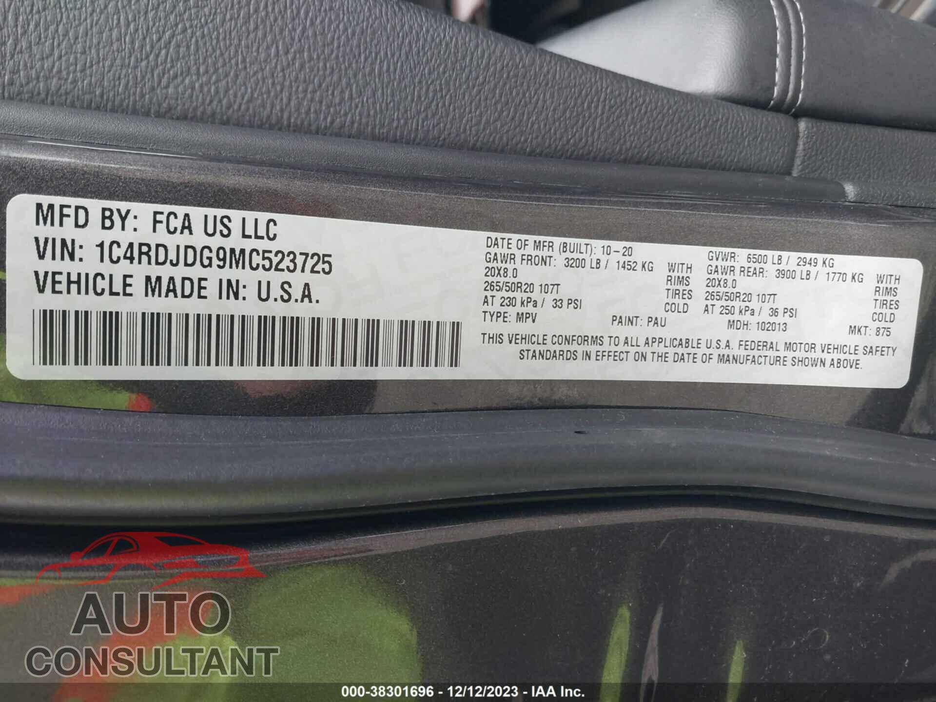 DODGE DURANGO 2021 - 1C4RDJDG9MC523725