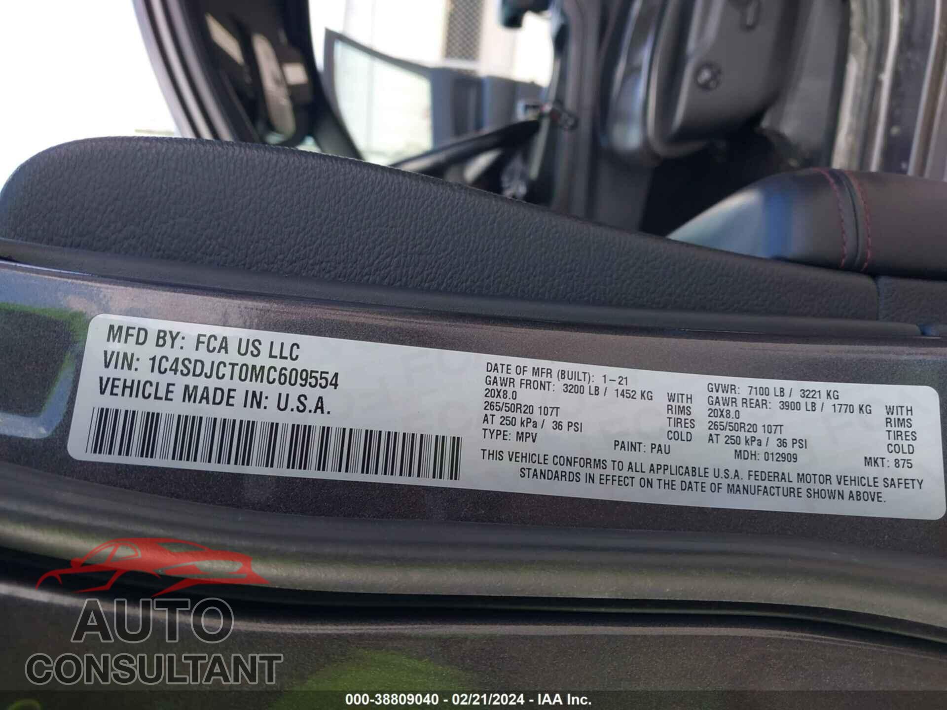 DODGE DURANGO 2021 - 1C4SDJCT0MC609554