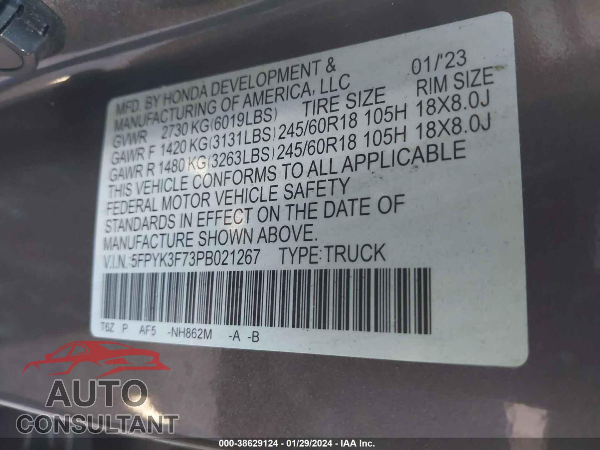 HONDA RIDGELINE 2023 - 5FPYK3F73PB021267