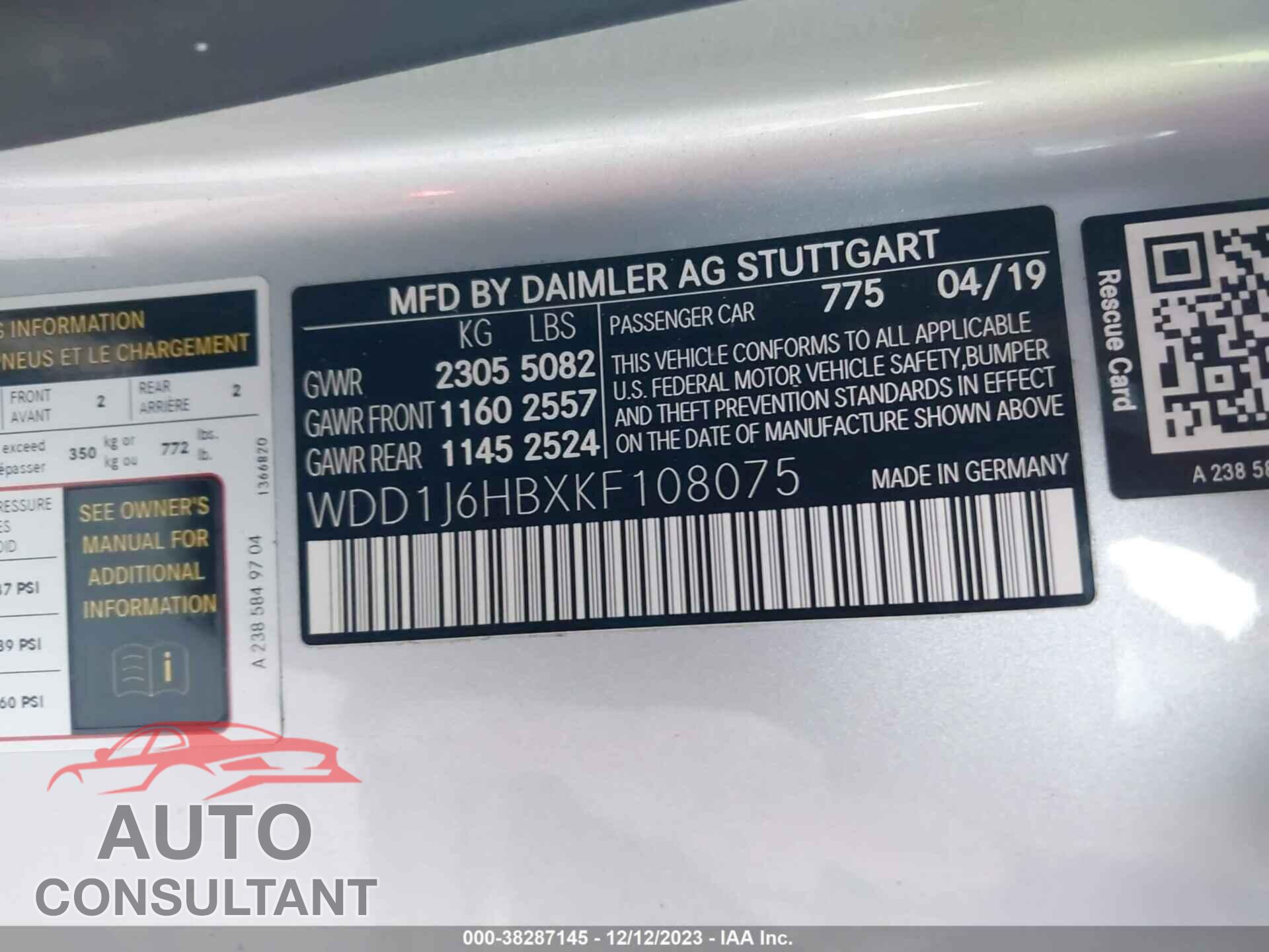 MERCEDES-BENZ E 2019 - WDD1J6HBXKF108075