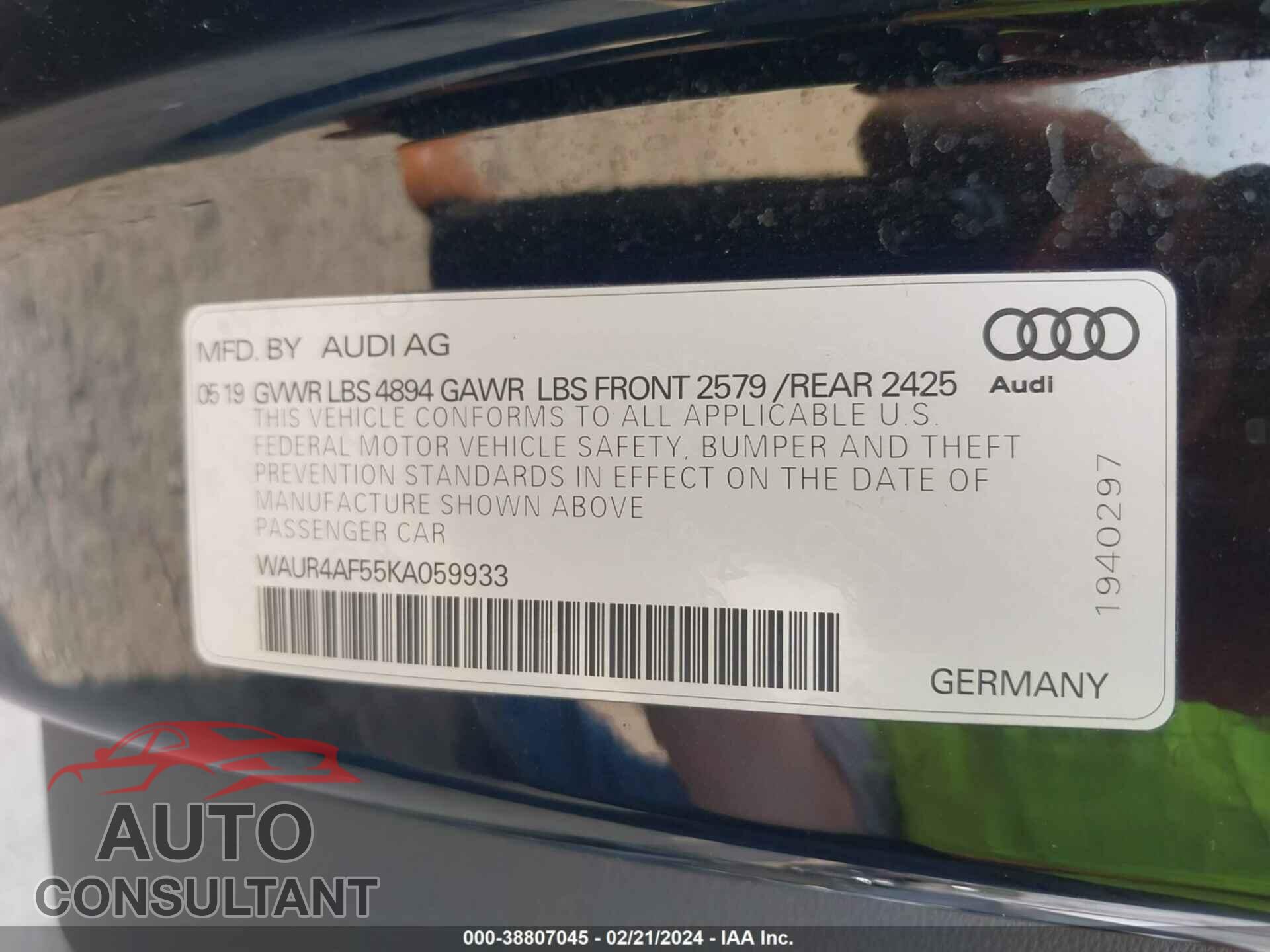 AUDI S5 2019 - WAUR4AF55KA059933