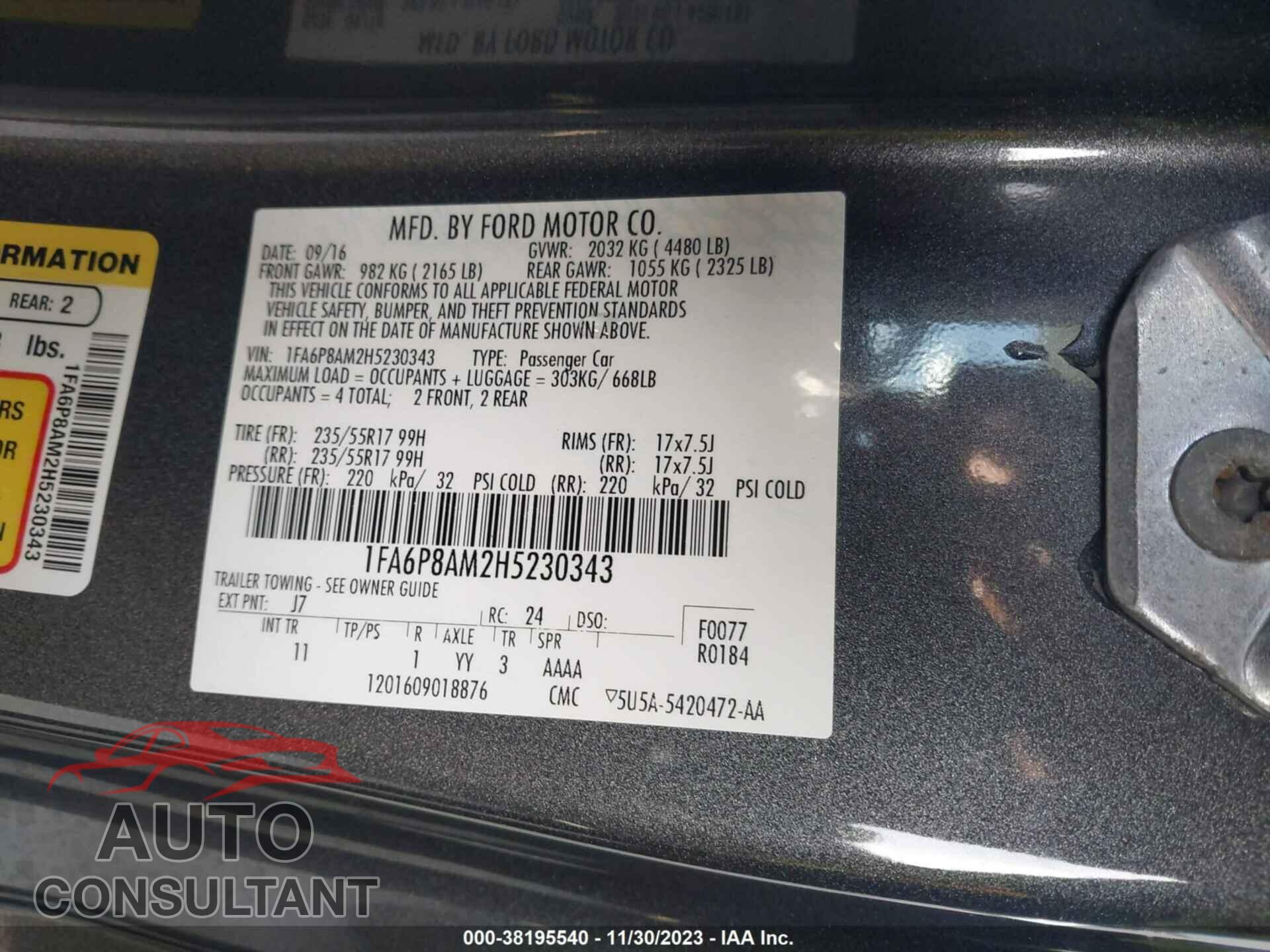 FORD MUSTANG 2017 - 1FA6P8AM2H5230343