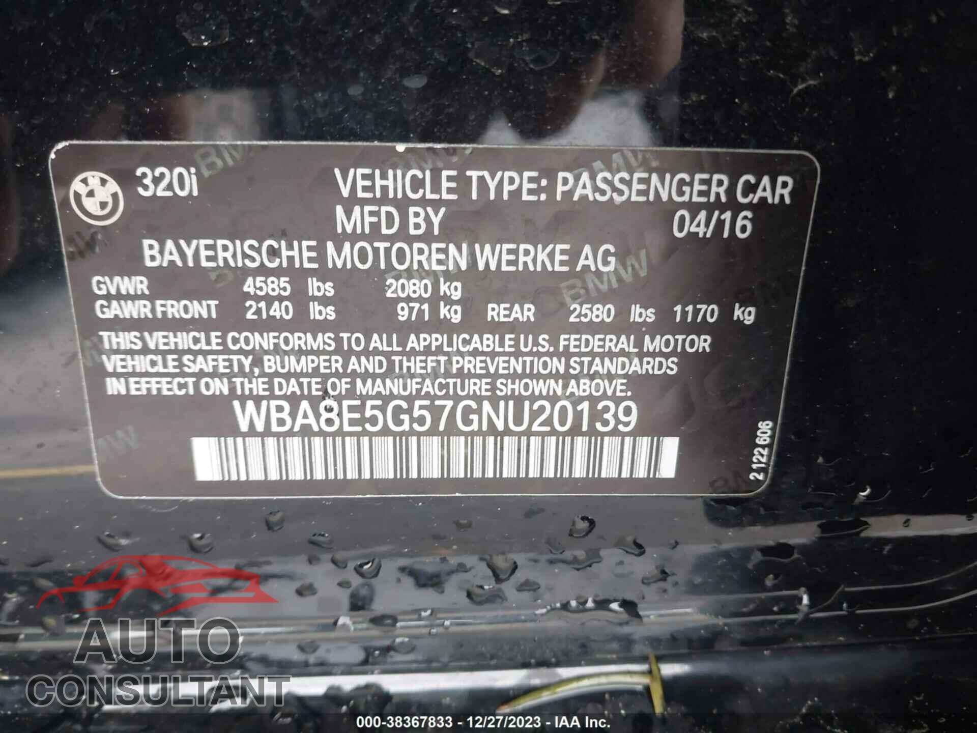 BMW 320I 2016 - WBA8E5G57GNU20139