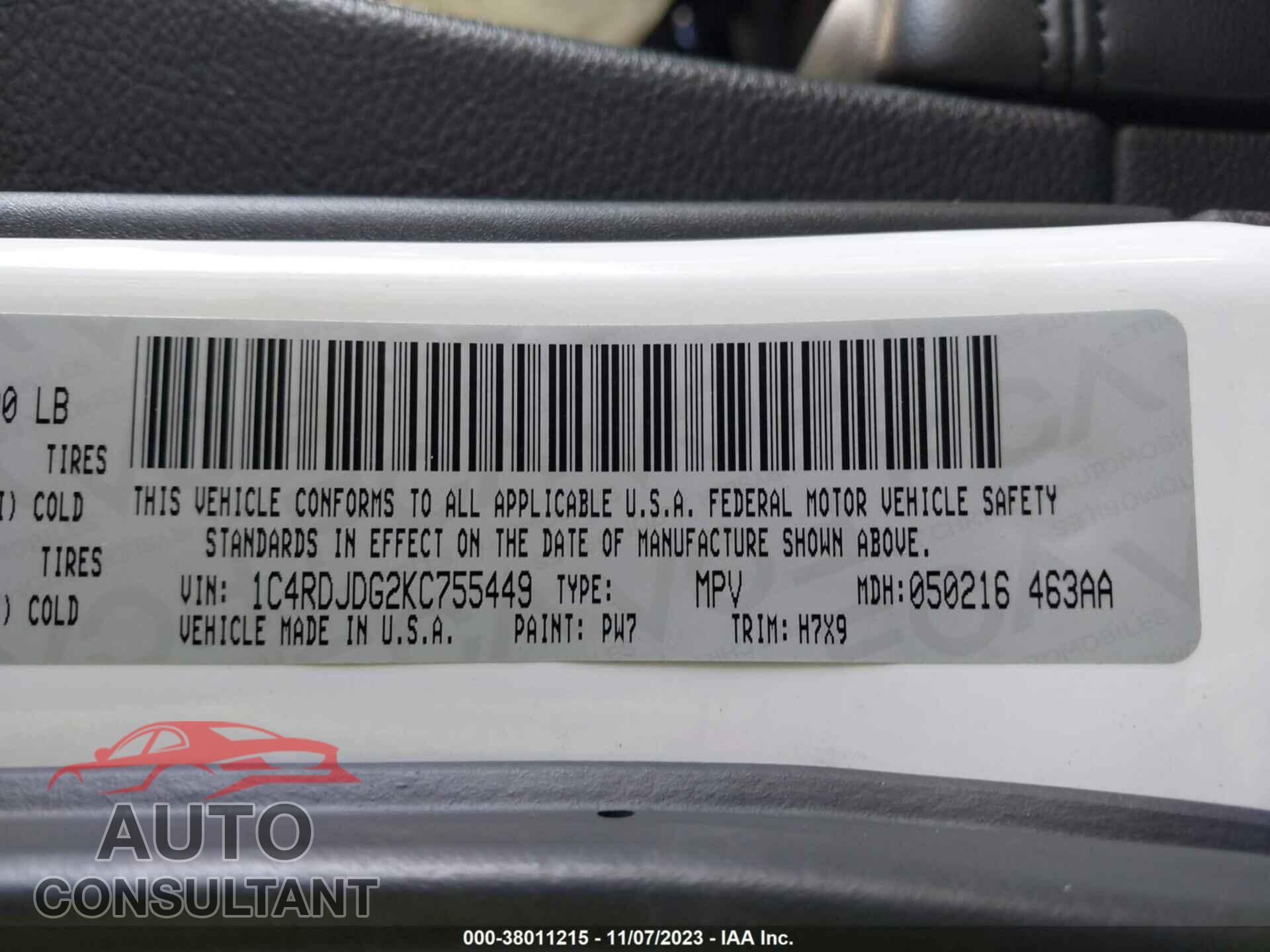 DODGE DURANGO 2019 - 1C4RDJDG2KC755449
