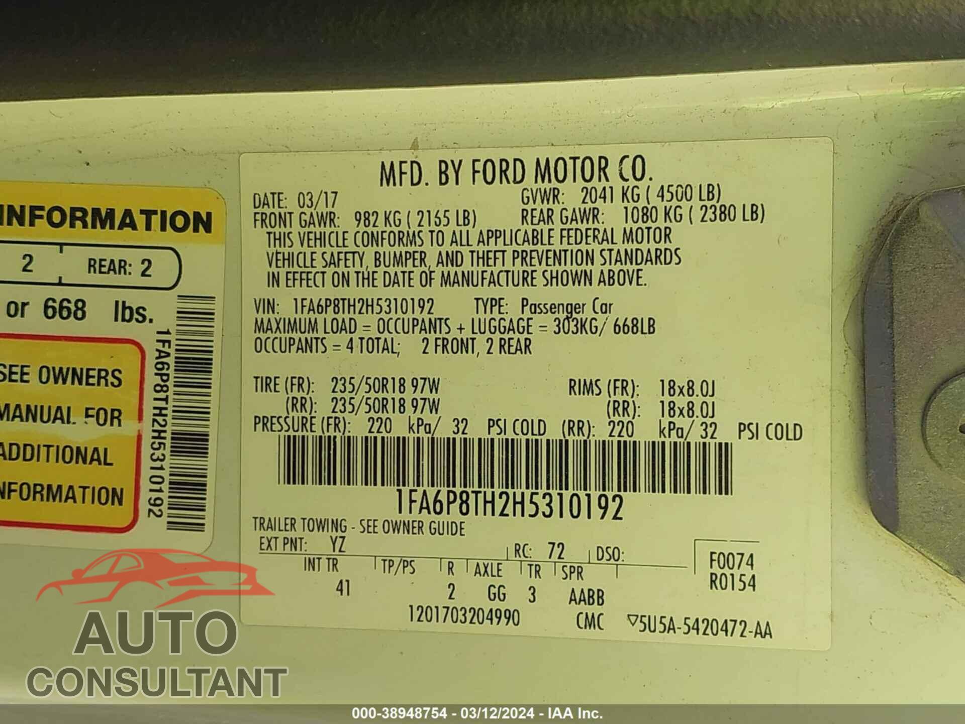FORD MUSTANG 2017 - 1FA6P8TH2H5310192