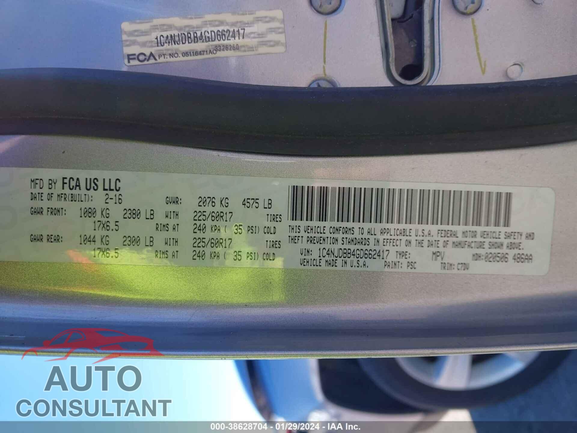 JEEP COMPASS 2016 - 1C4NJDBB4GD662417