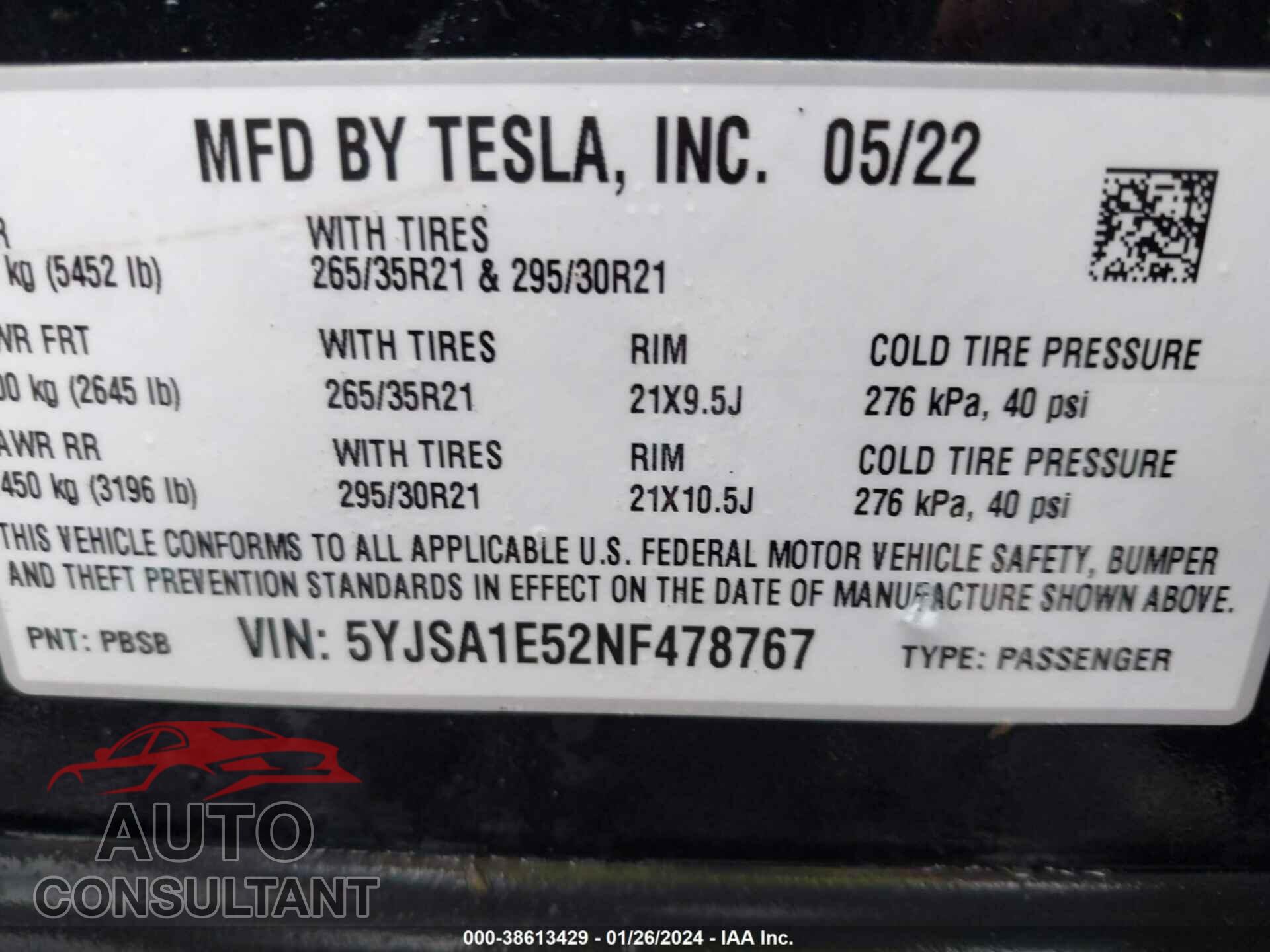 TESLA MODEL S 2022 - 5YJSA1E52NF478767