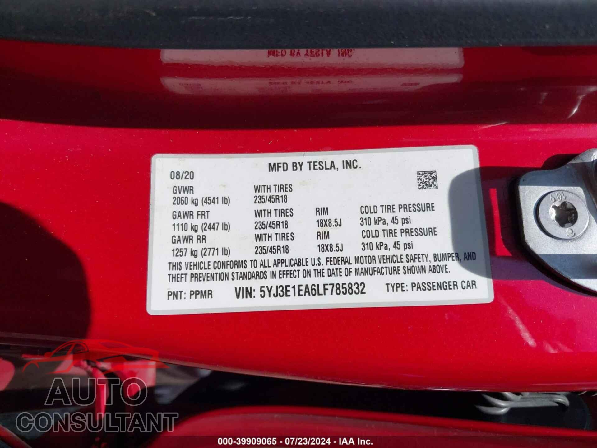 TESLA MODEL 3 2020 - 5YJ3E1EA6LF785832