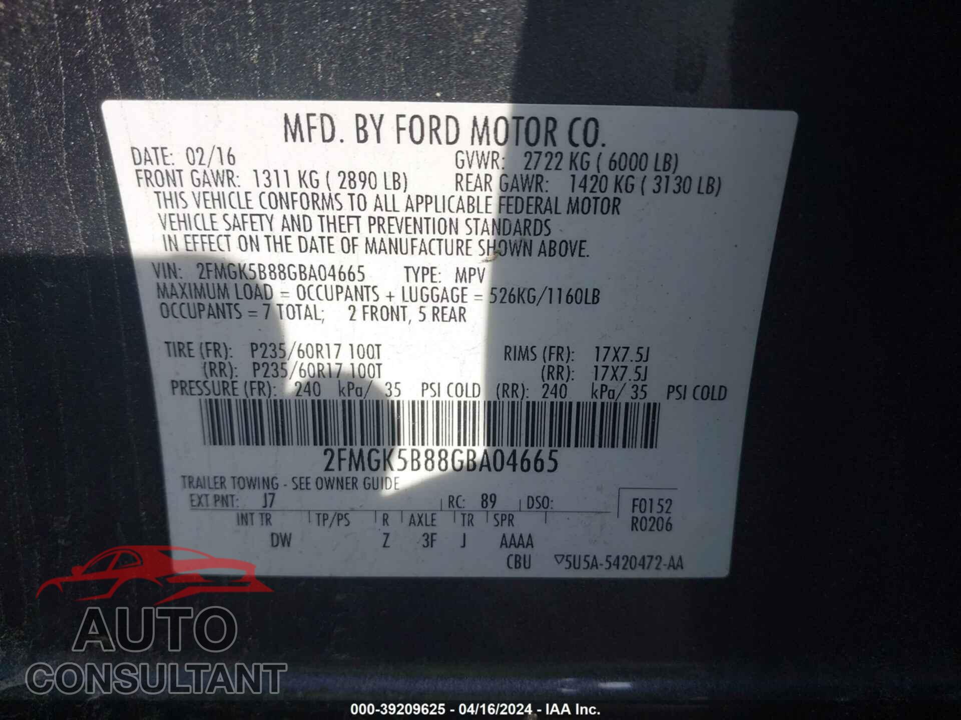 FORD FLEX 2016 - 2FMGK5B88GBA04665