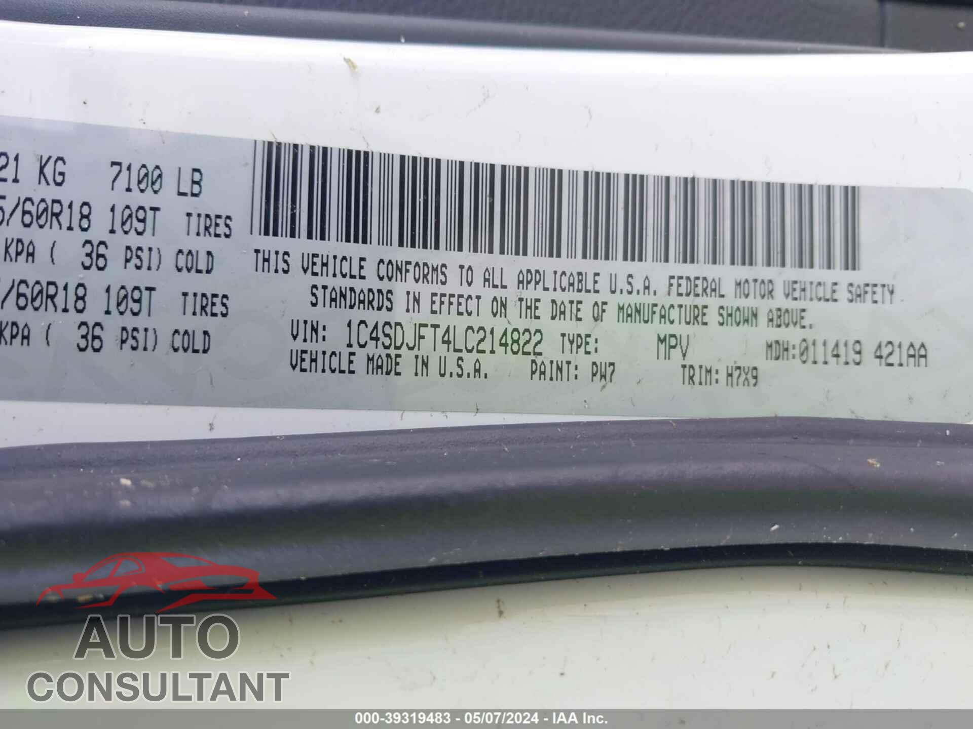 DODGE DURANGO 2020 - 1C4SDJFT4LC214822