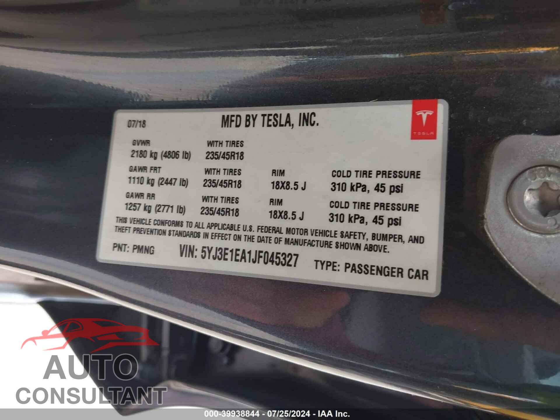 TESLA MODEL 3 2018 - 5YJ3E1EA1JF045327