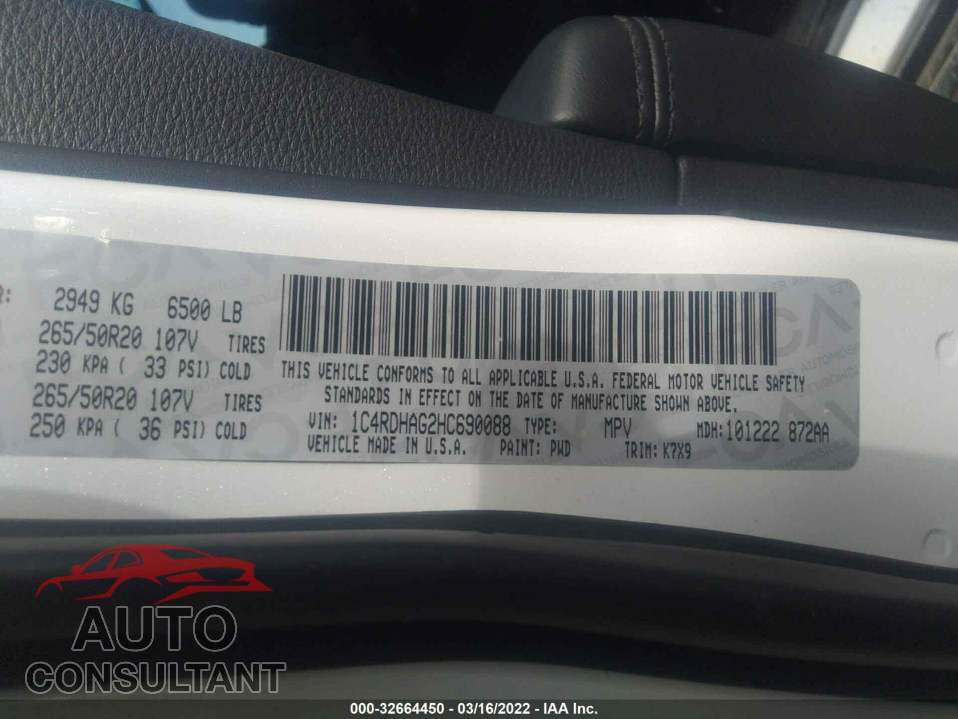 DODGE DURANGO 2017 - 1C4RDHAG2HC690088