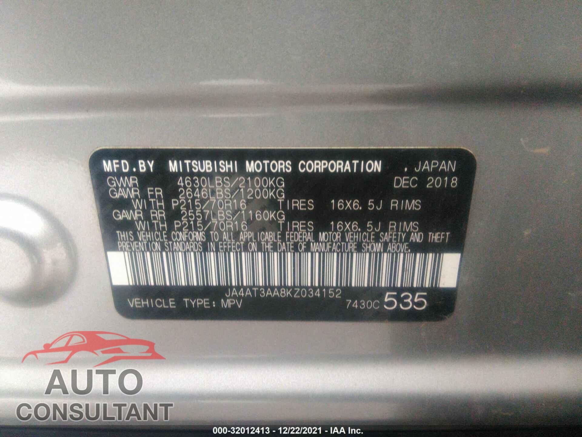MITSUBISHI ECLIPSE CROSS 2019 - JA4AT3AA8KZ034152