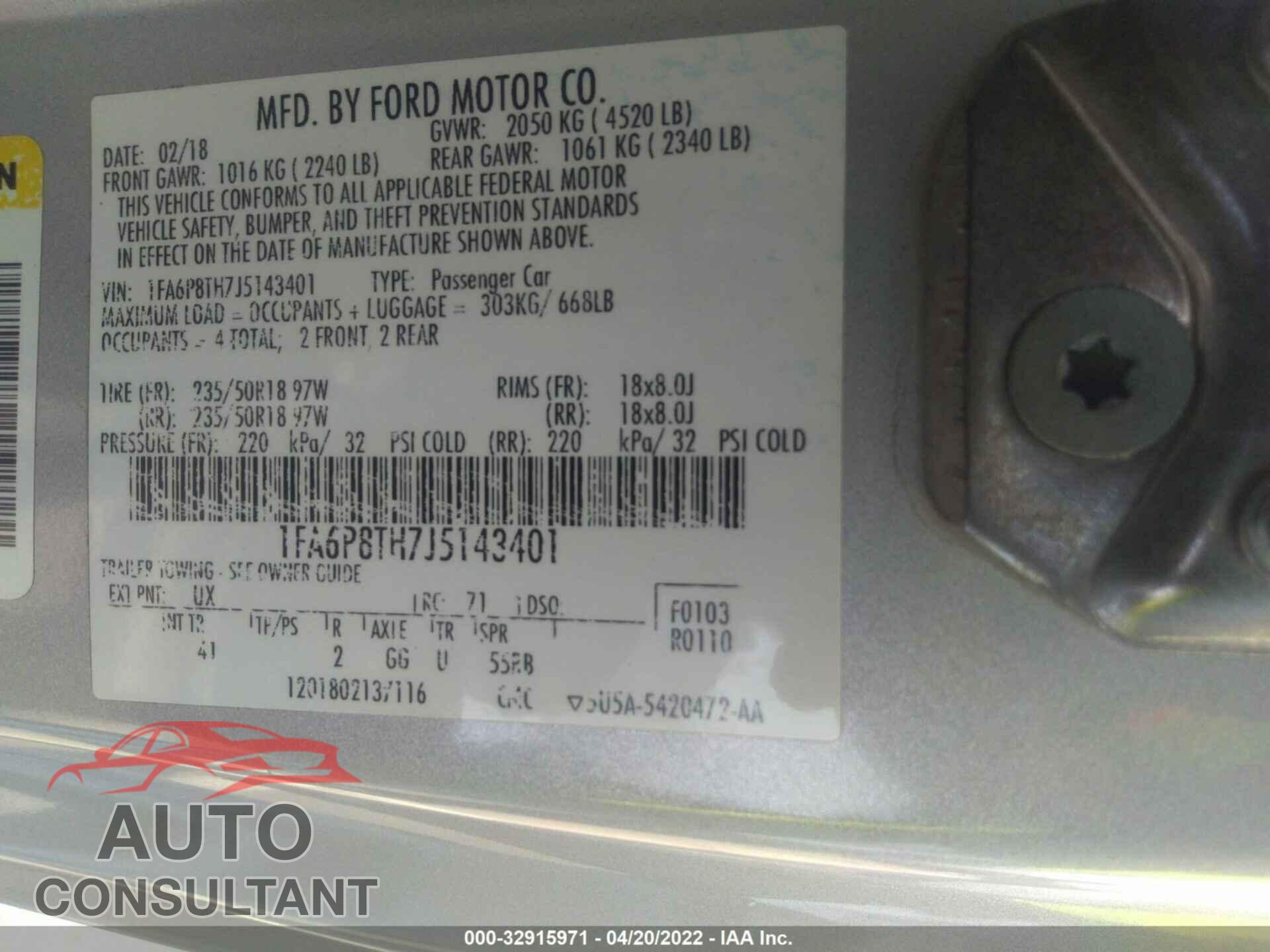 FORD MUSTANG 2018 - 1FA6P8TH7J5143401