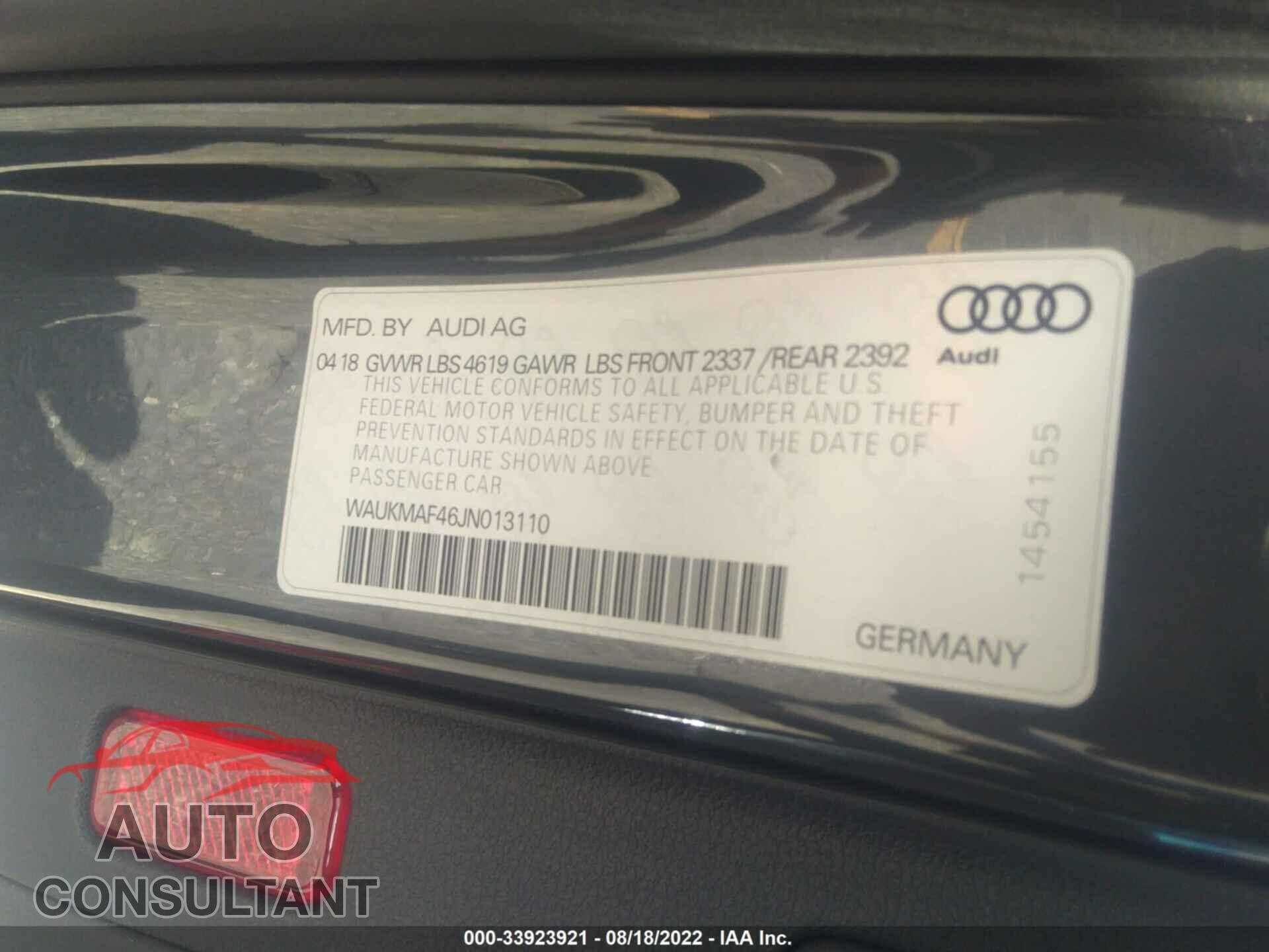 AUDI A4 2018 - WAUKMAF46JN013110