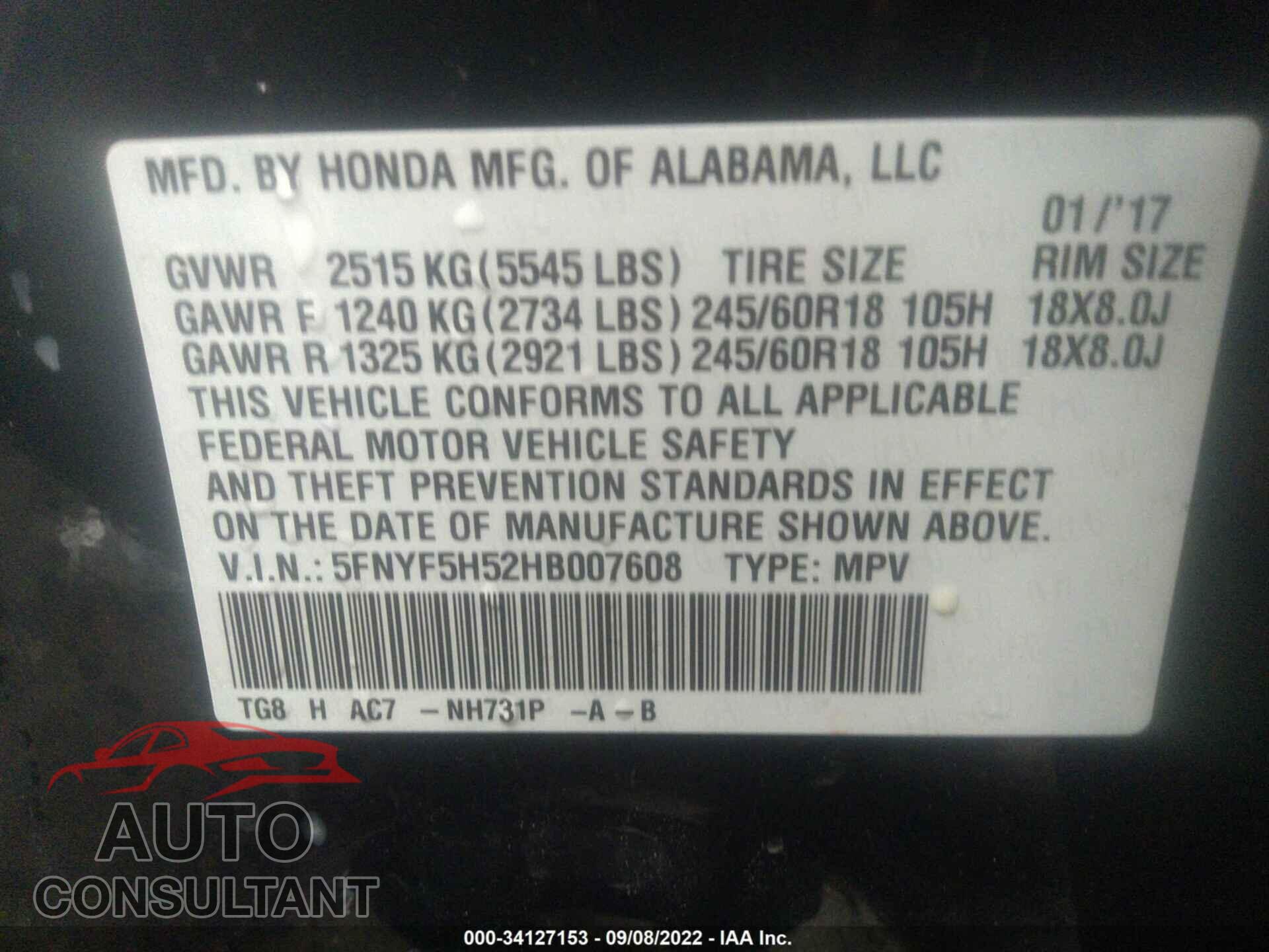 HONDA PILOT 2017 - 5FNYF5H52HB007608