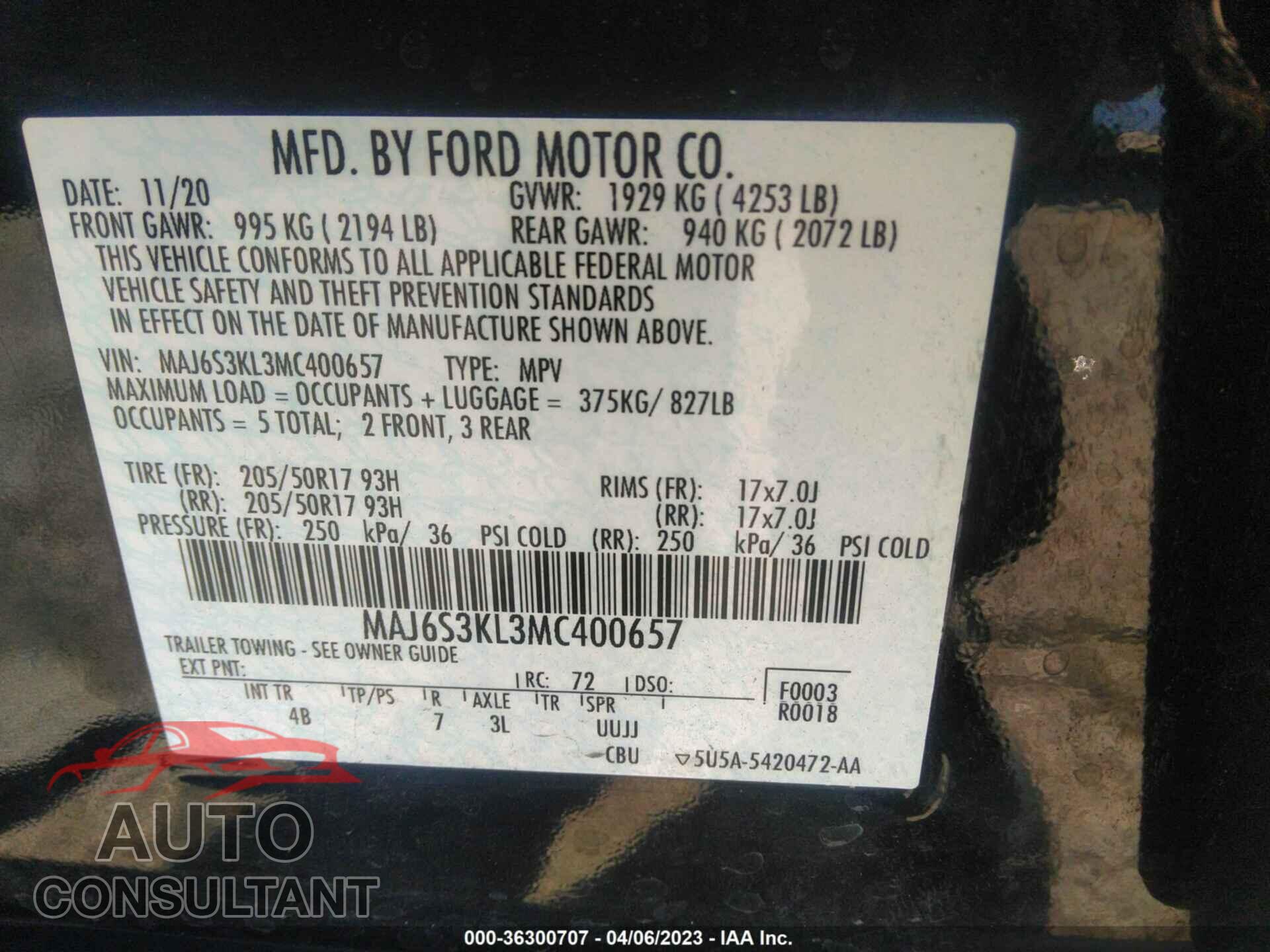 FORD ECOSPORT 2021 - MAJ6S3KL3MC400657