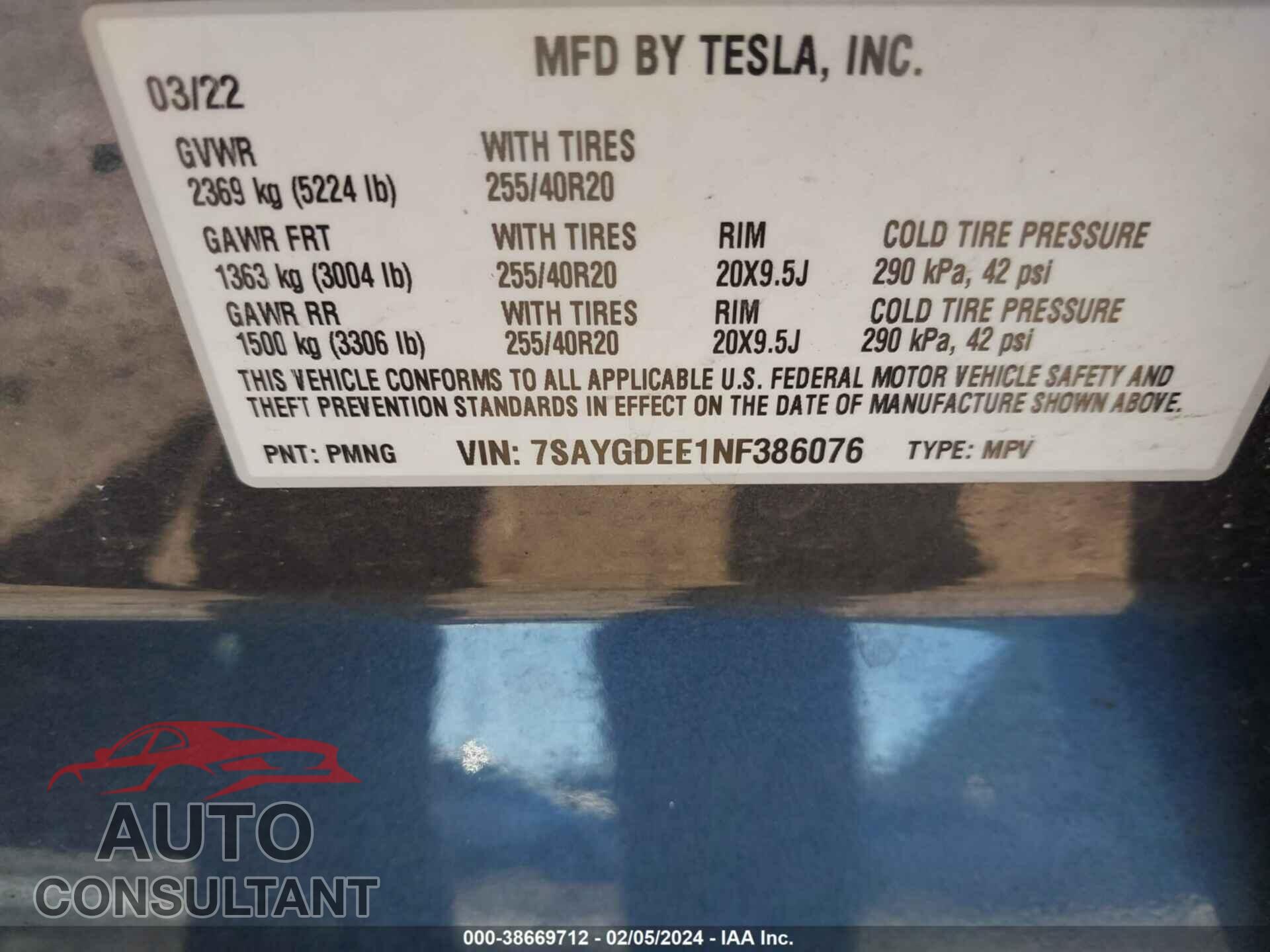 TESLA MODEL Y 2022 - 7SAYGDEE1NF386076