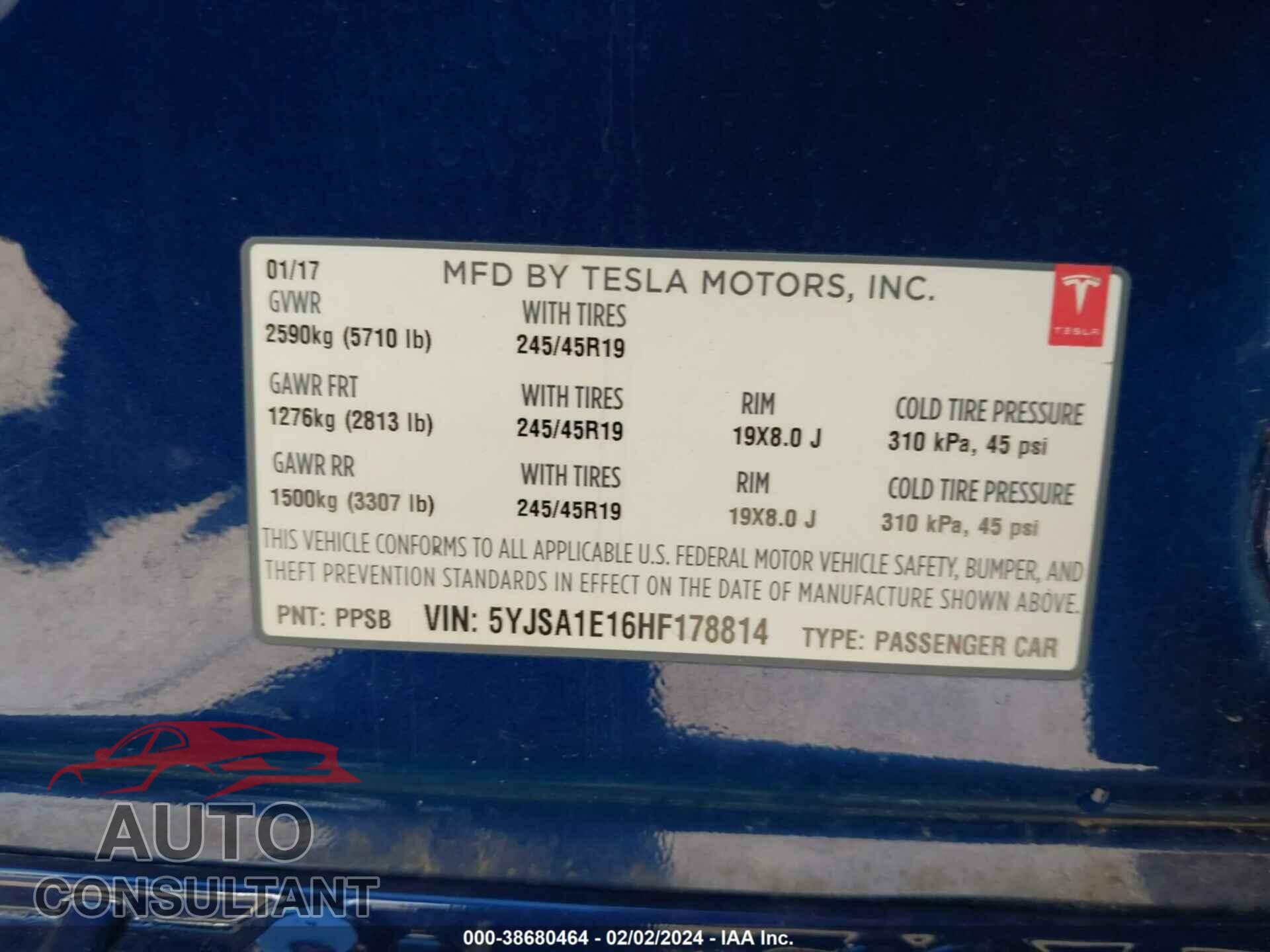 TESLA MODEL S 2017 - 5YJSA1E16HF178814