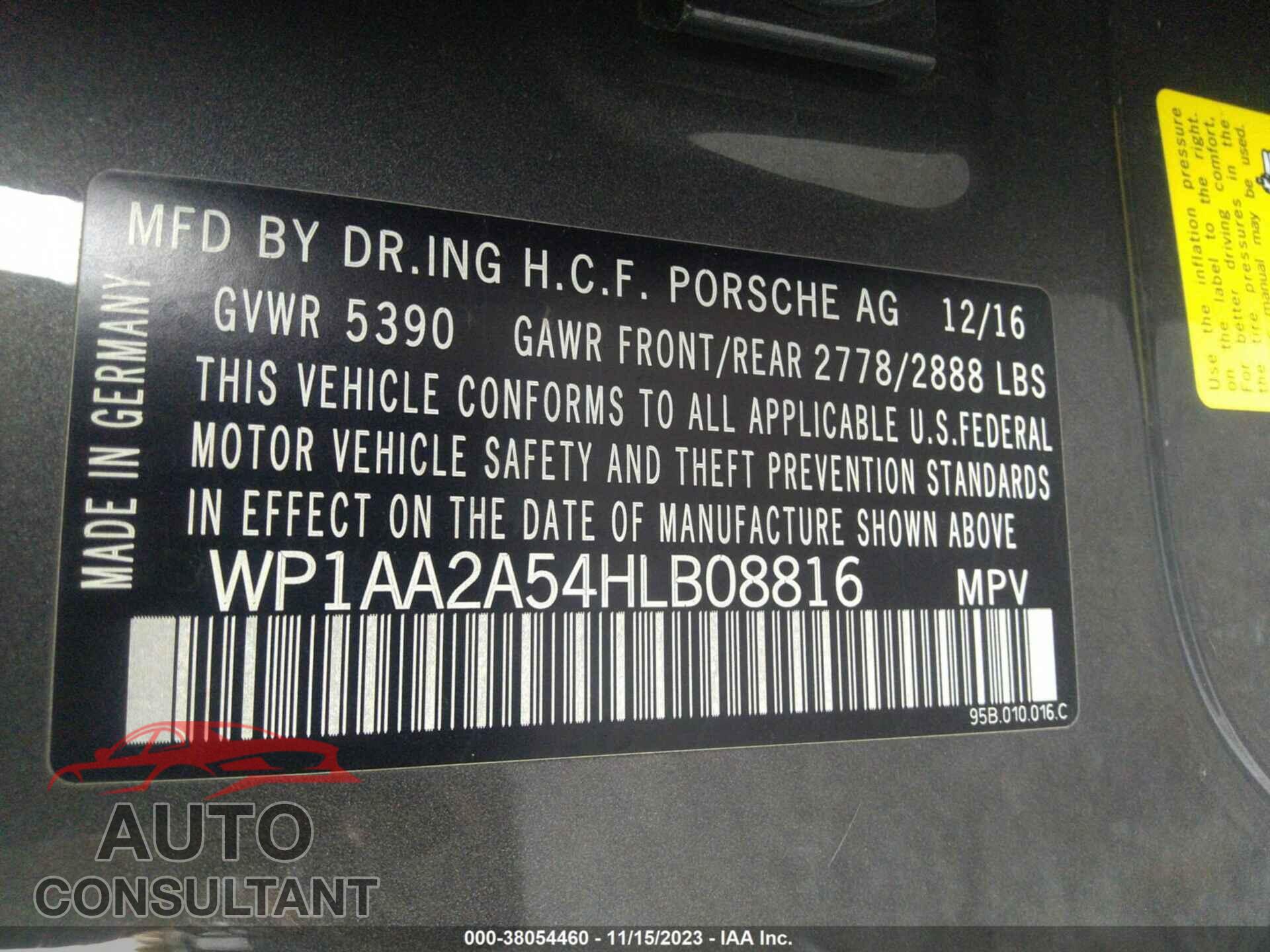 PORSCHE MACAN 2017 - WP1AA2A54HLB08816