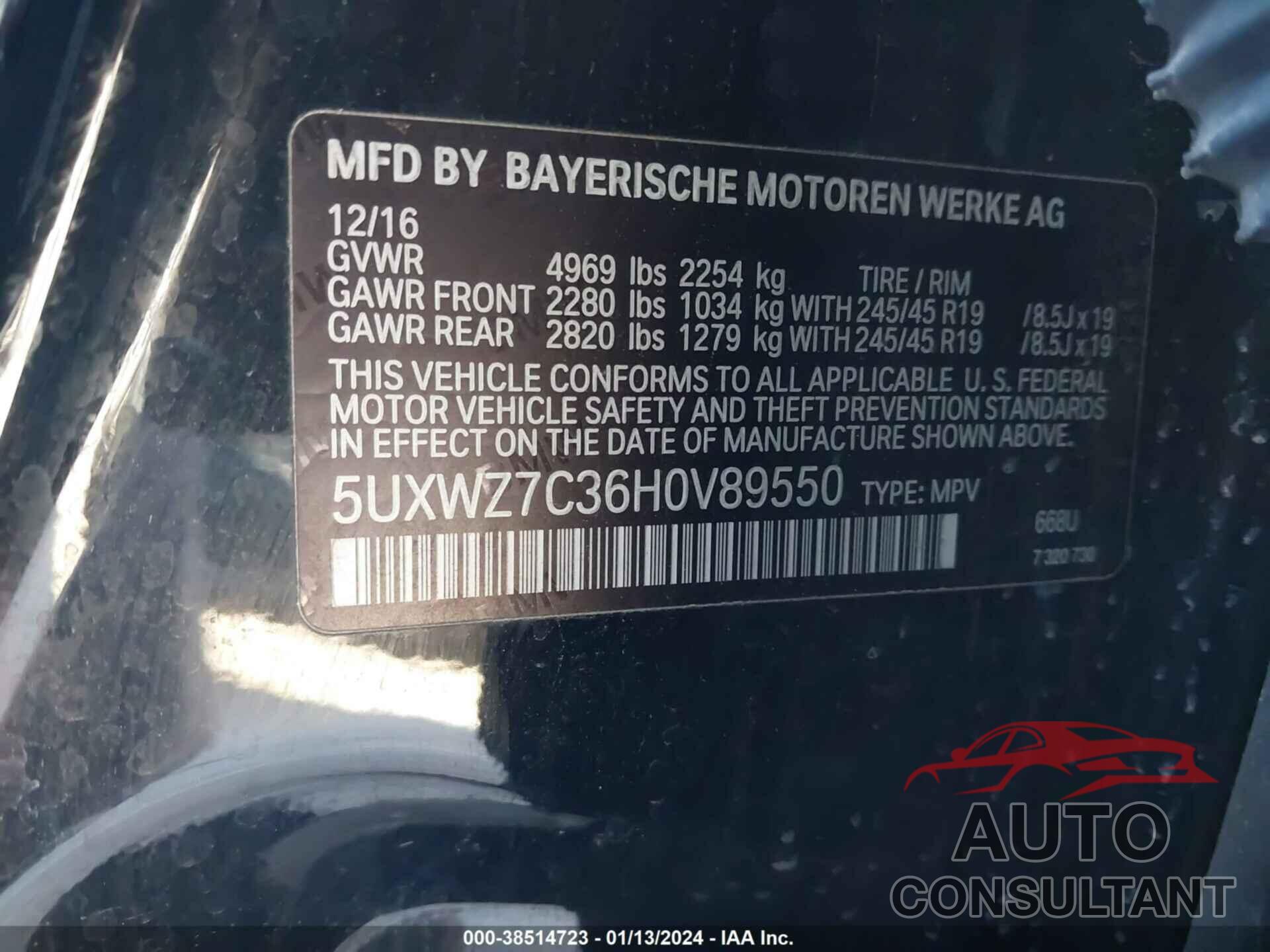 BMW X3 2017 - 5UXWZ7C36H0V89550