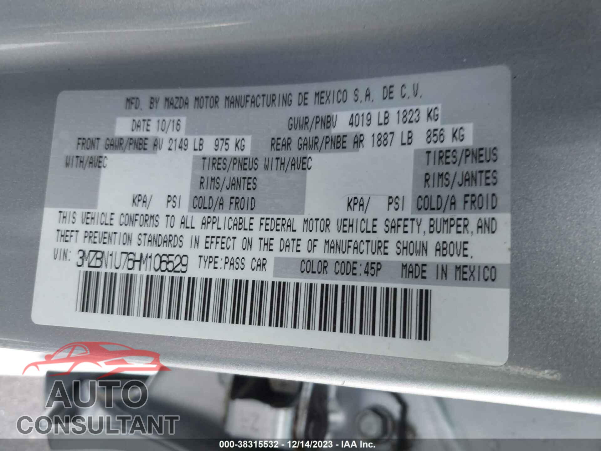 MAZDA MAZDA3 2017 - 3MZBN1U76HM106529