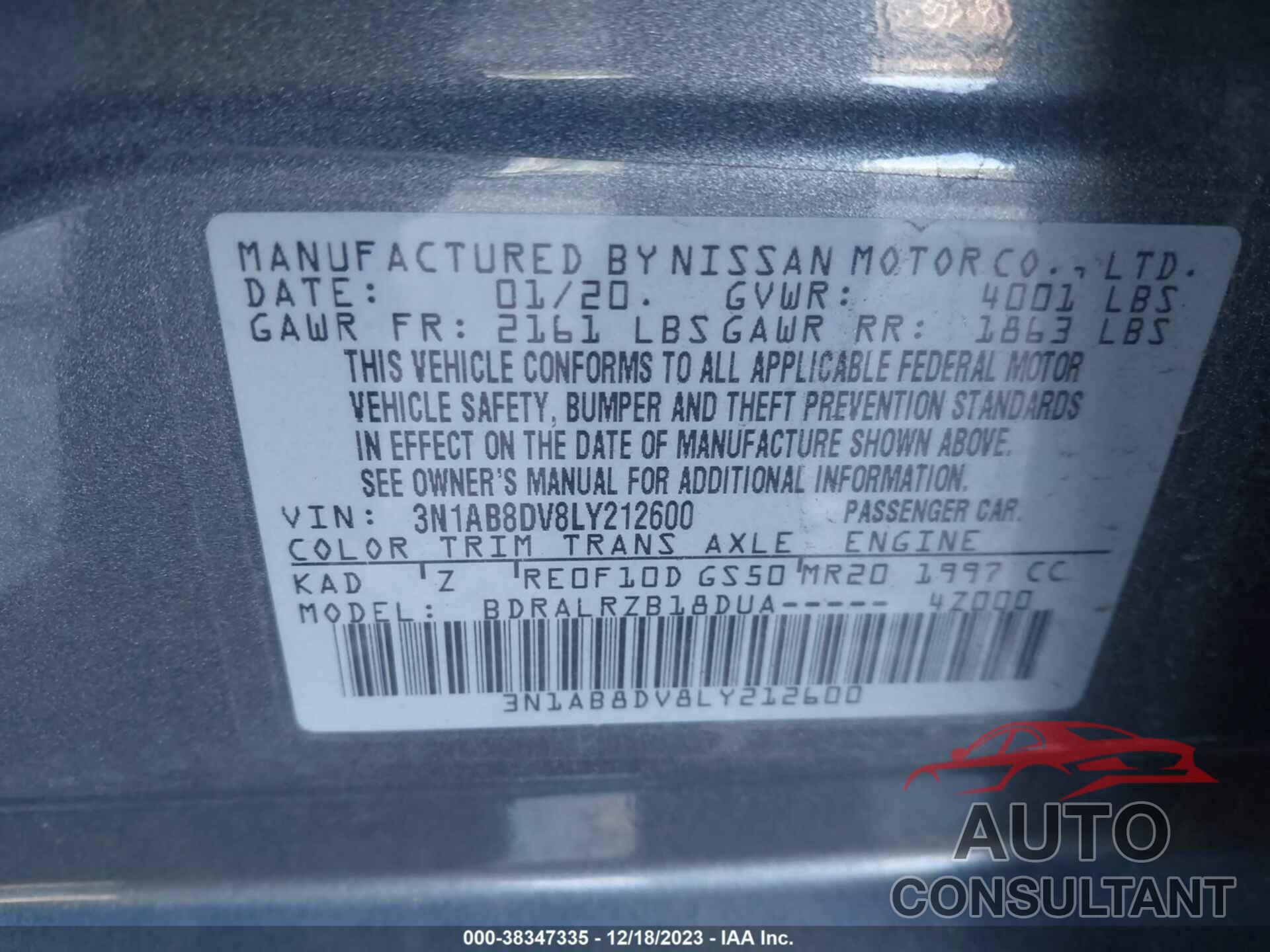 NISSAN SENTRA 2020 - 3N1AB8DV8LY212600