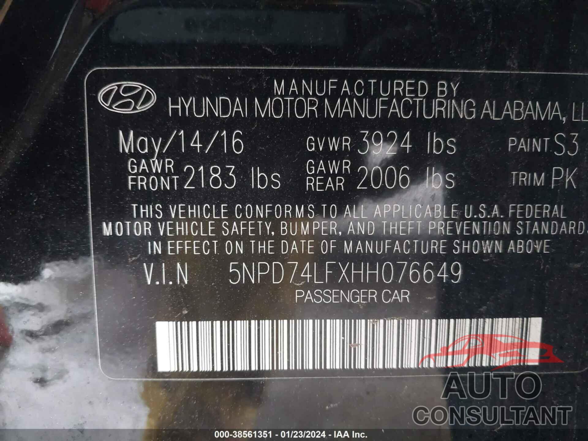 HYUNDAI ELANTRA 2017 - 5NPD74LFXHH076649