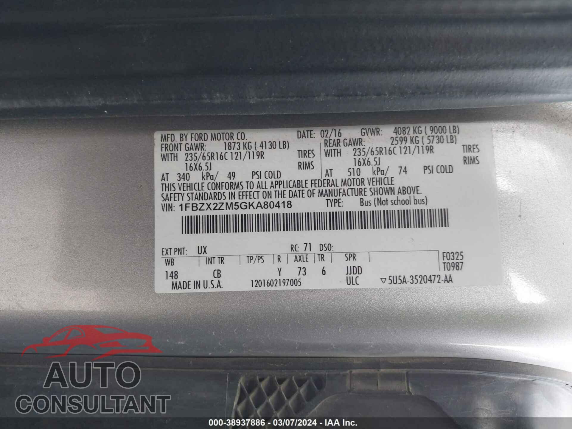 FORD TRANSIT-350 2016 - 1FBZX2ZM5GKA80418