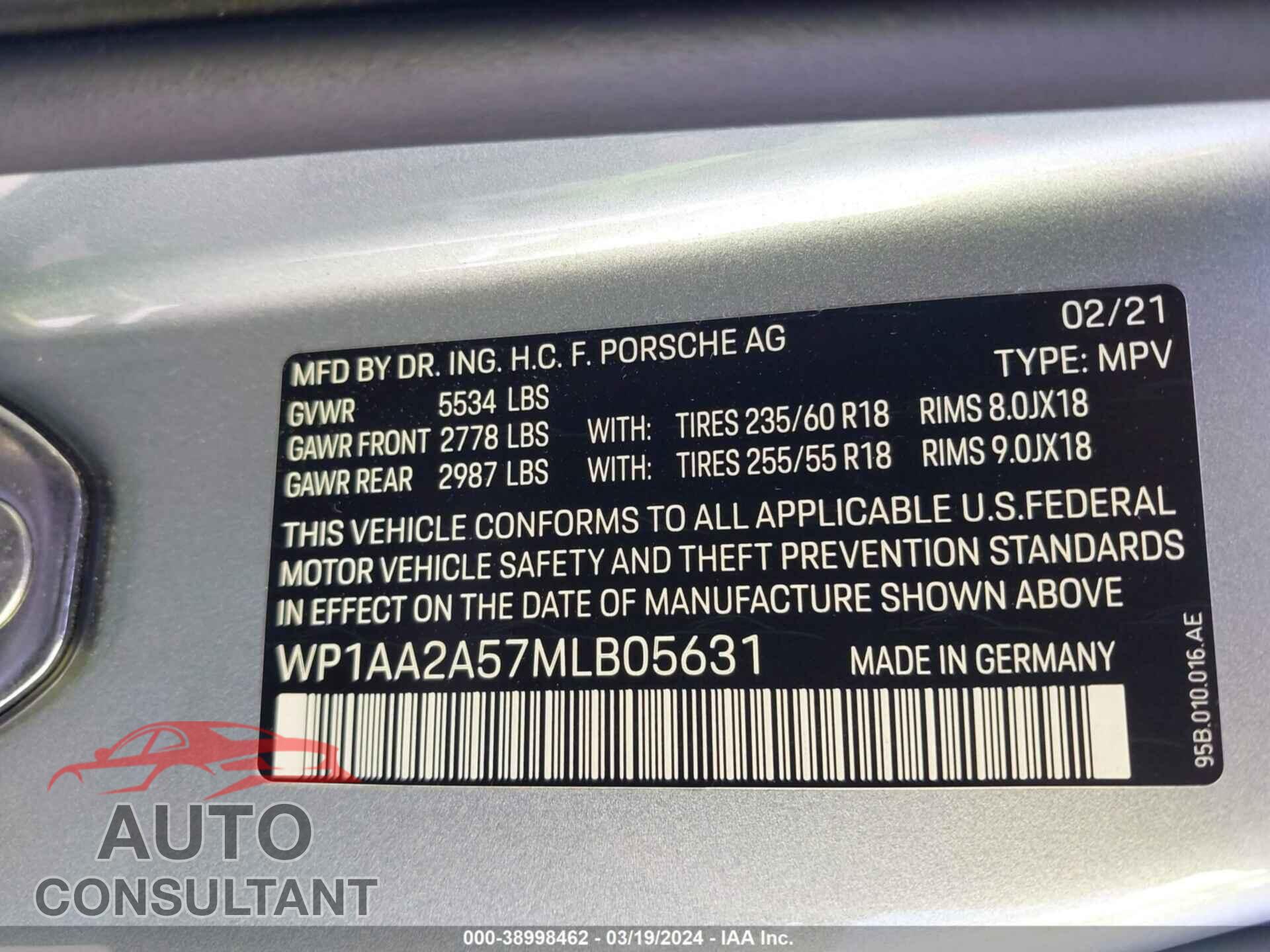 PORSCHE MACAN 2021 - WP1AA2A57MLB05631