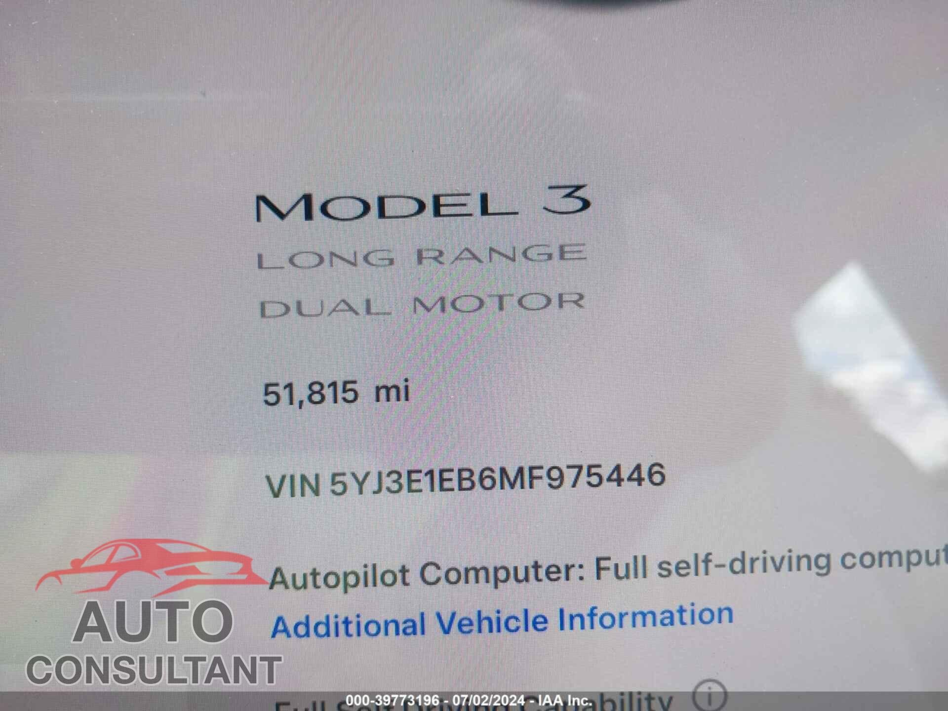 TESLA MODEL 3 2021 - 5YJ3E1EB6MF975446