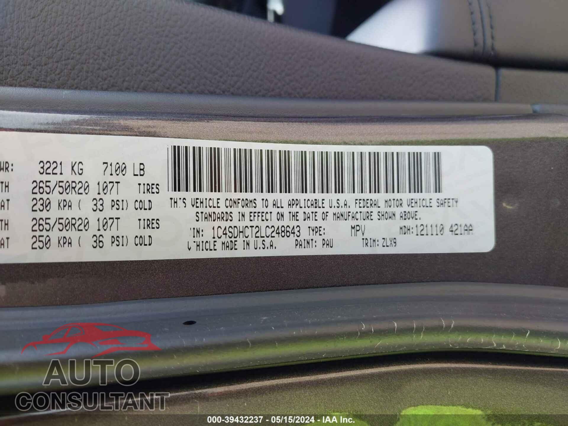 DODGE DURANGO 2020 - 1C4SDHCT2LC248643