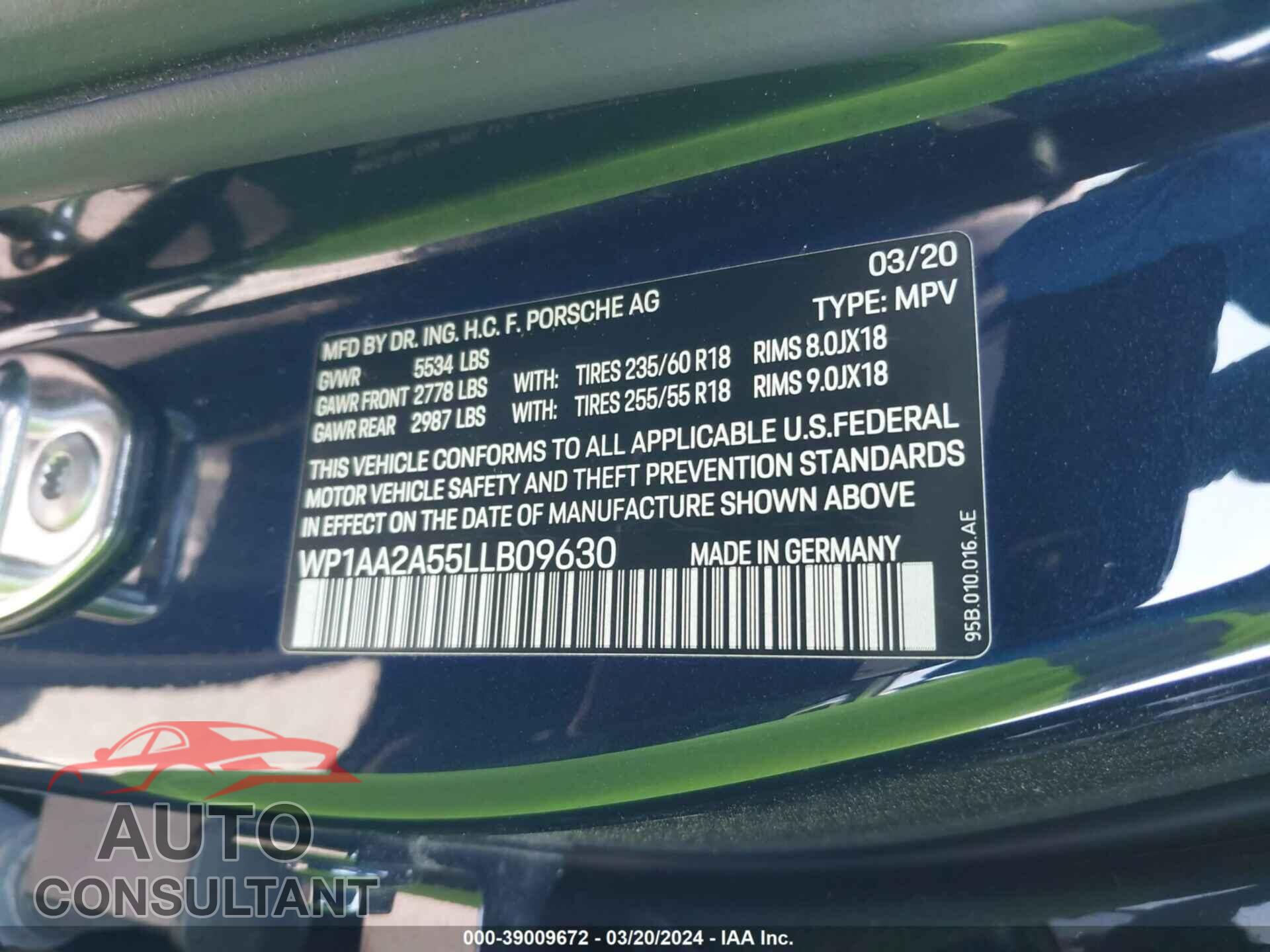 PORSCHE MACAN 2020 - WP1AA2A55LLB09630