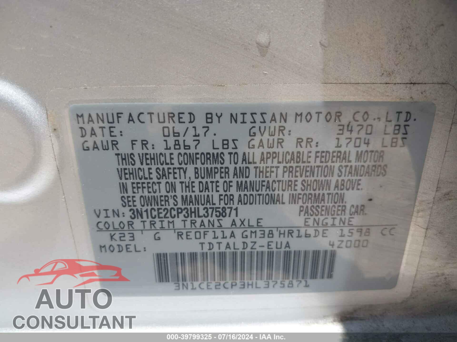 NISSAN VERSA NOTE 2017 - 3N1CE2CP3HL375871